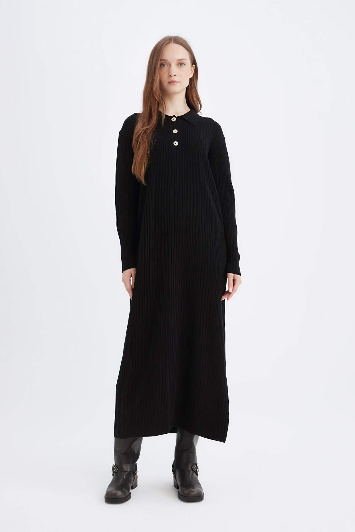 DeFacto Regular Fit Polo Yaka Basic Düz Maxi Triko Elbise D5434AX24WNBK81