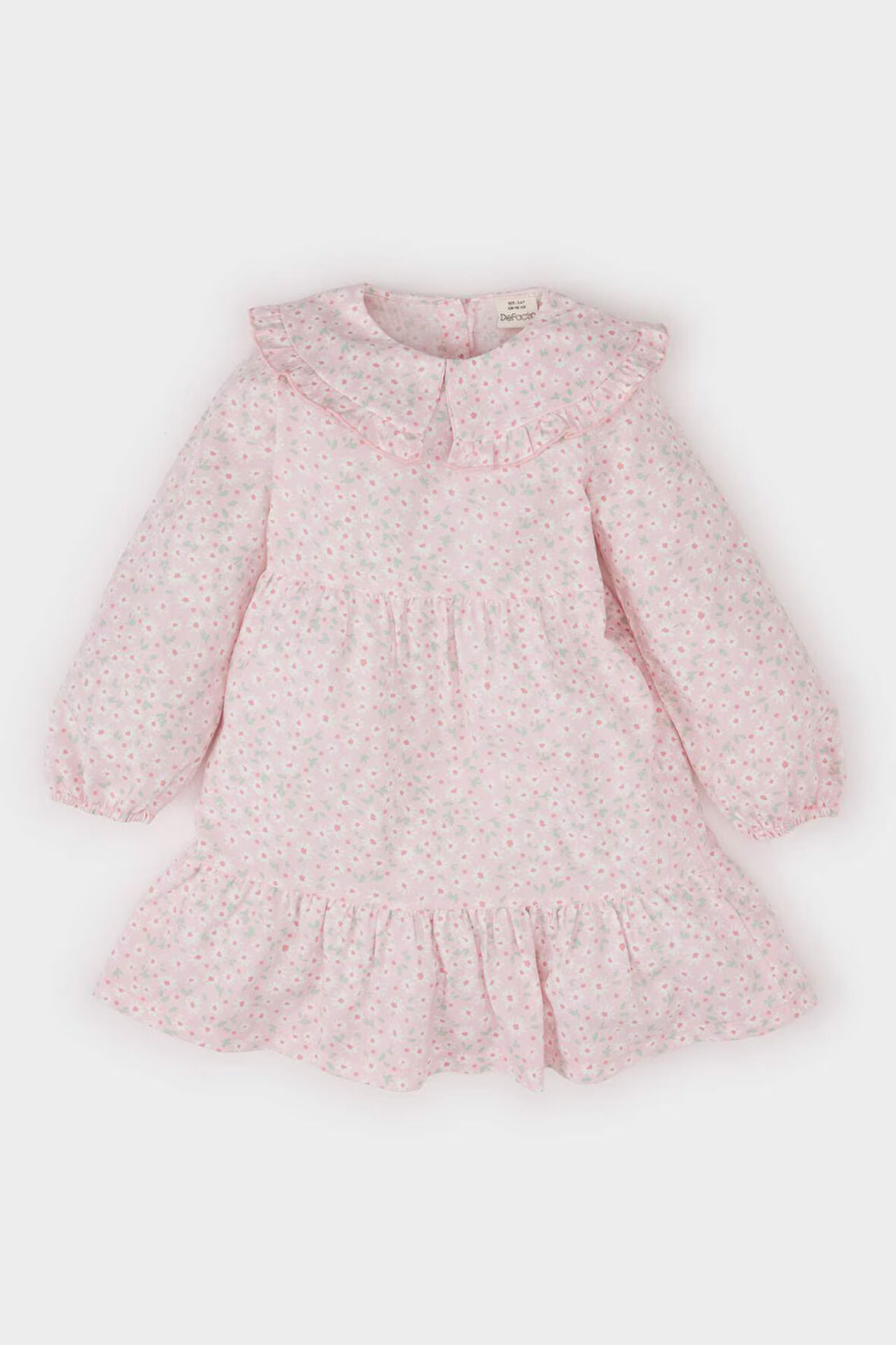 Kız Bebek Büyük Yaka Çiçekli Uzun Kollu Twill Elbise