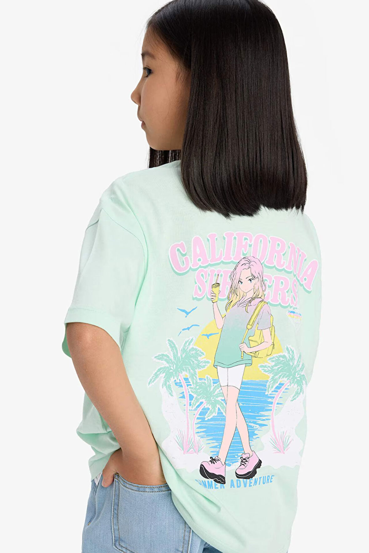 DeFacto Kız Çocuk Oversize Geniş Kalıp Bisiklet Yaka Sırt Baskılı Kısa Kollu Tişört E0357A825SMTR101