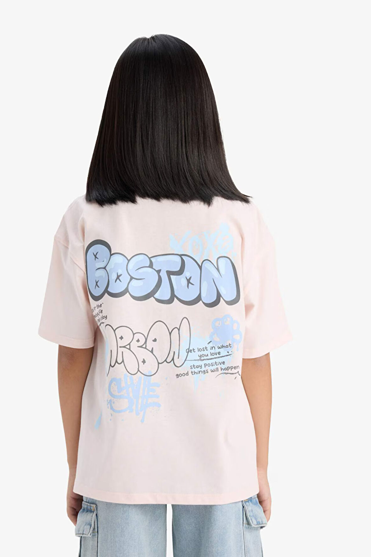 DeFacto Kız Çocuk Oversize Geniş Kalıp Bisiklet Yaka Sırt Baskılı Kısa Kollu Tişört E0357A825SMPN447