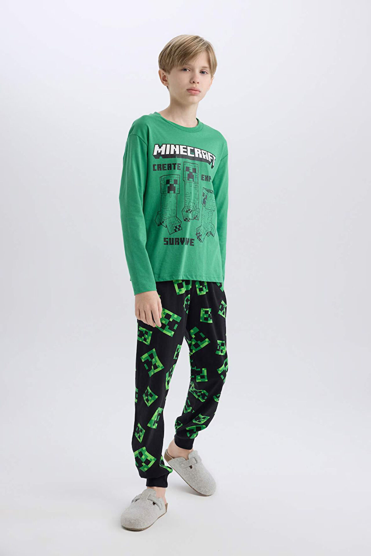 Erkek Çocuk Minecraft Pijama Takımı Bisiklet Yaka Uzun Kollu Üst Beli Lastikli Uzun Alt