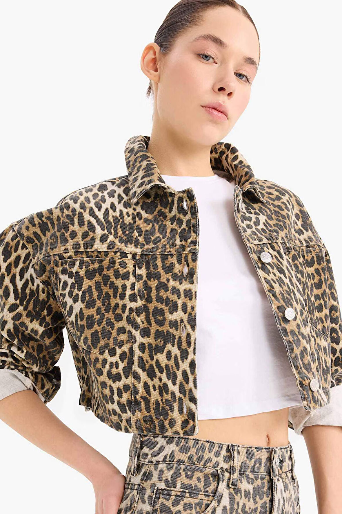 Oversize Geniş Kalıp Leopar Desenli Gabardin Uzun Kollu Gömlek Ceket