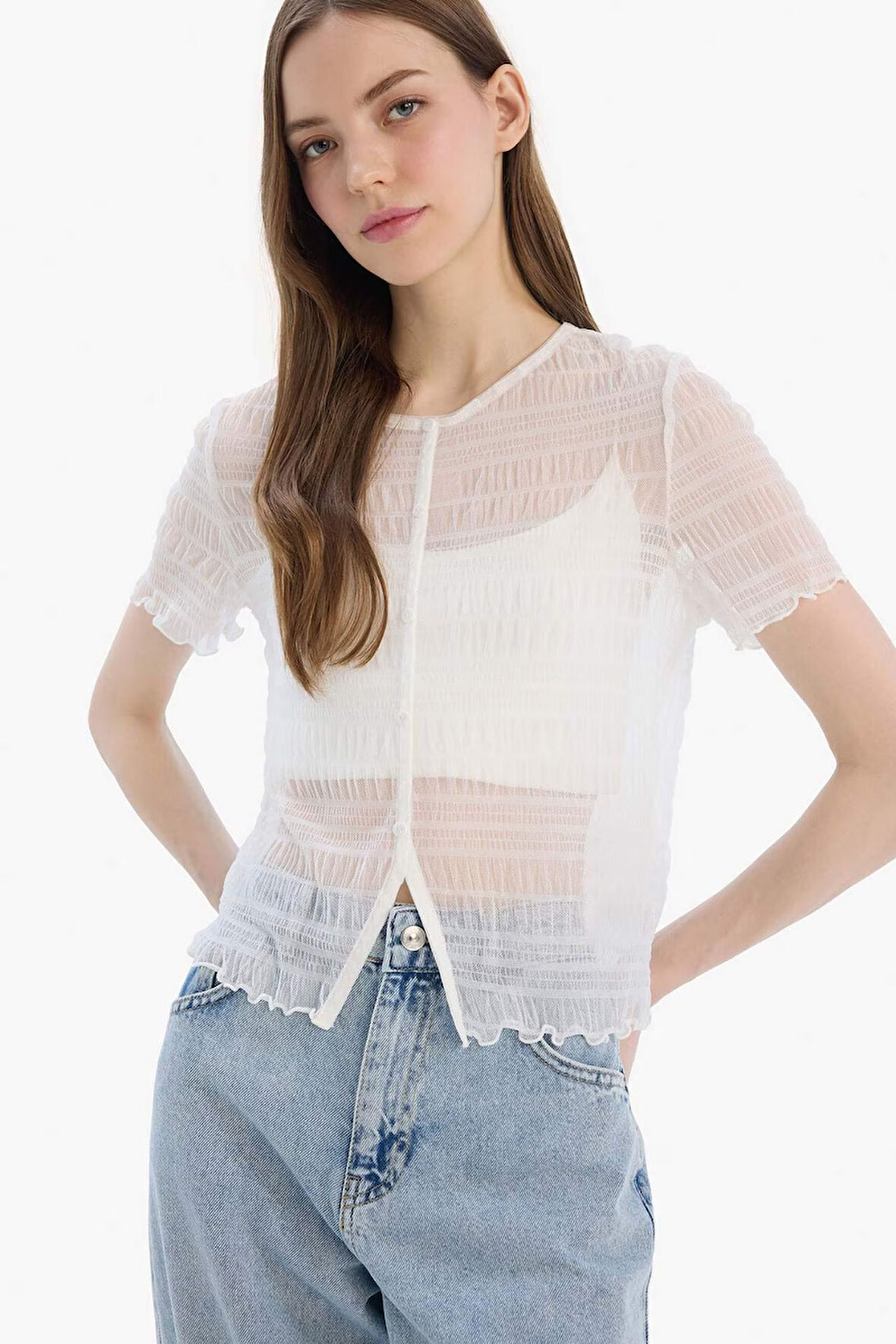 DeFacto Fitted Bisiklet Yaka Tül Kısa Kollu Beyaz Bluz E6590AX25SPWT32