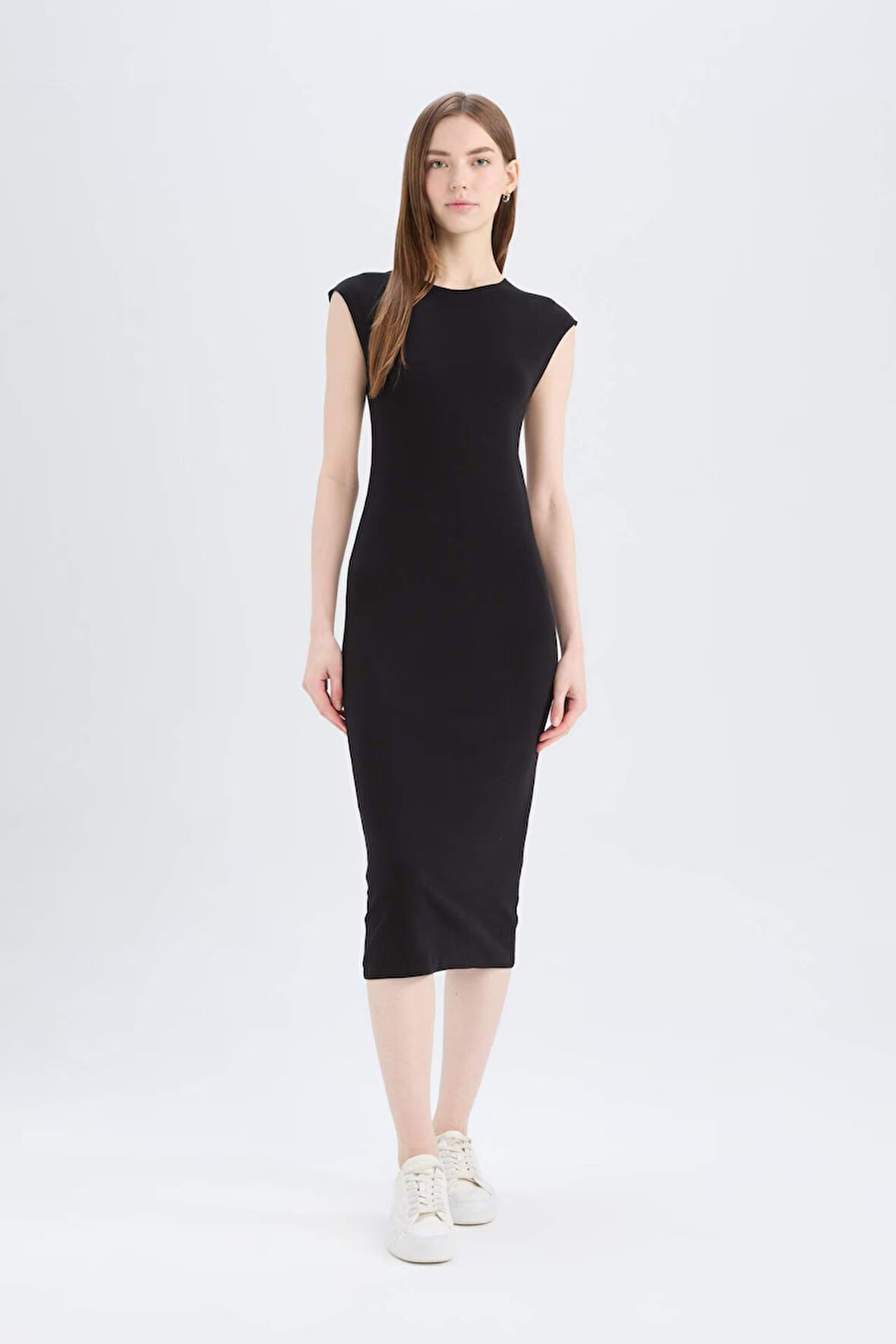 Bodycon Vücudu Saran Bisiklet Yaka Ribana Kısa Kollu Midi Elbise