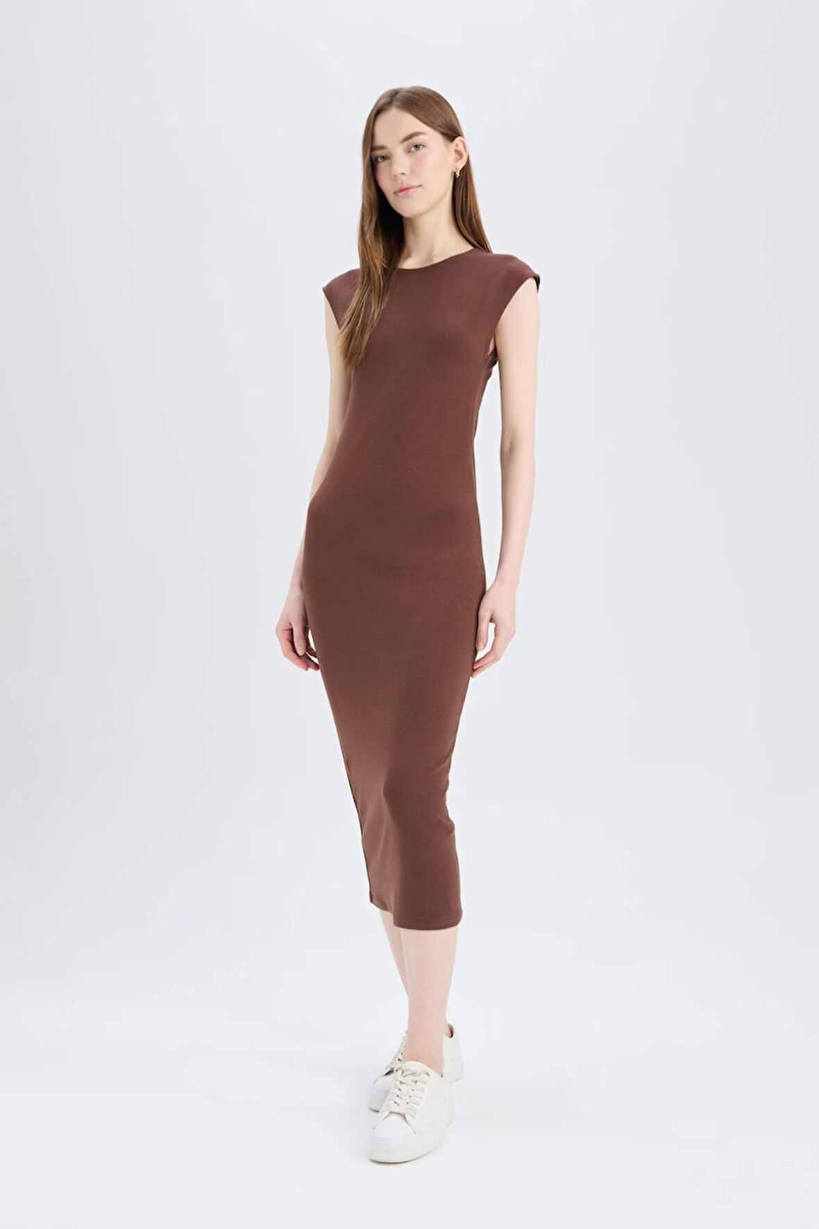 Bodycon Vücudu Saran Bisiklet Yaka Ribana Kısa Kollu Midi Elbise