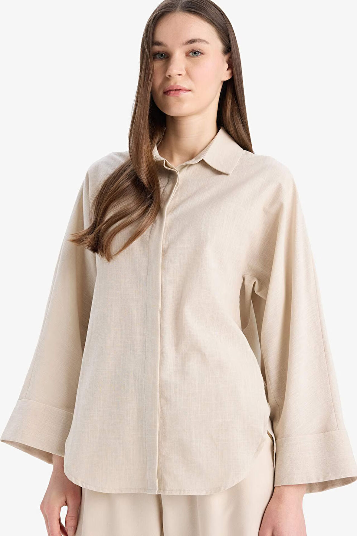 DeFacto Relax Fit Keten Karışımlı Uzun Kollu Tesettür Gömlek Tunik B9835AX25SPBG759