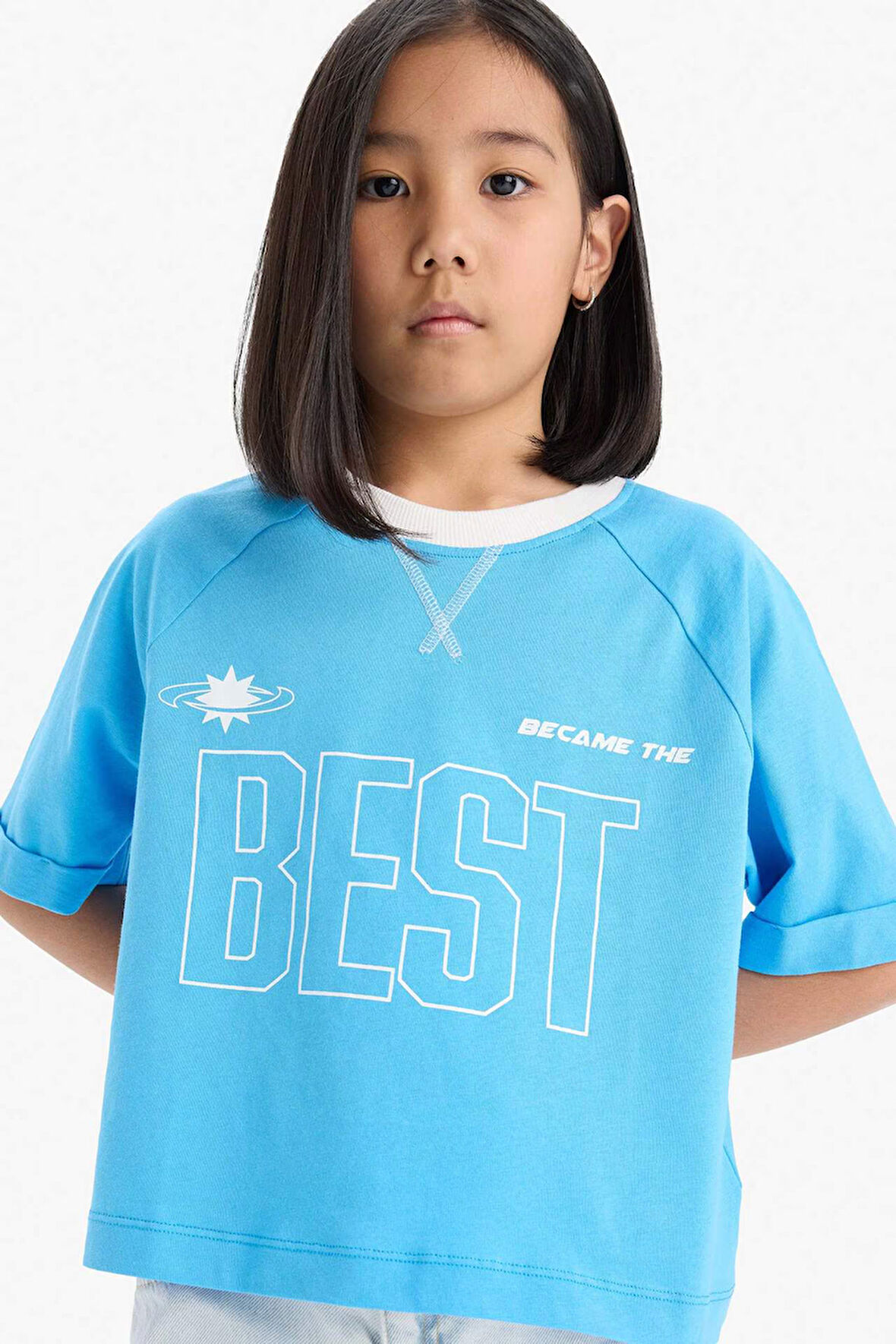 DeFacto Kız Çocuk Boxy Fit Bisiklet Yaka Baskılı Kısa Kollu Tişört E1896A825SMBE335