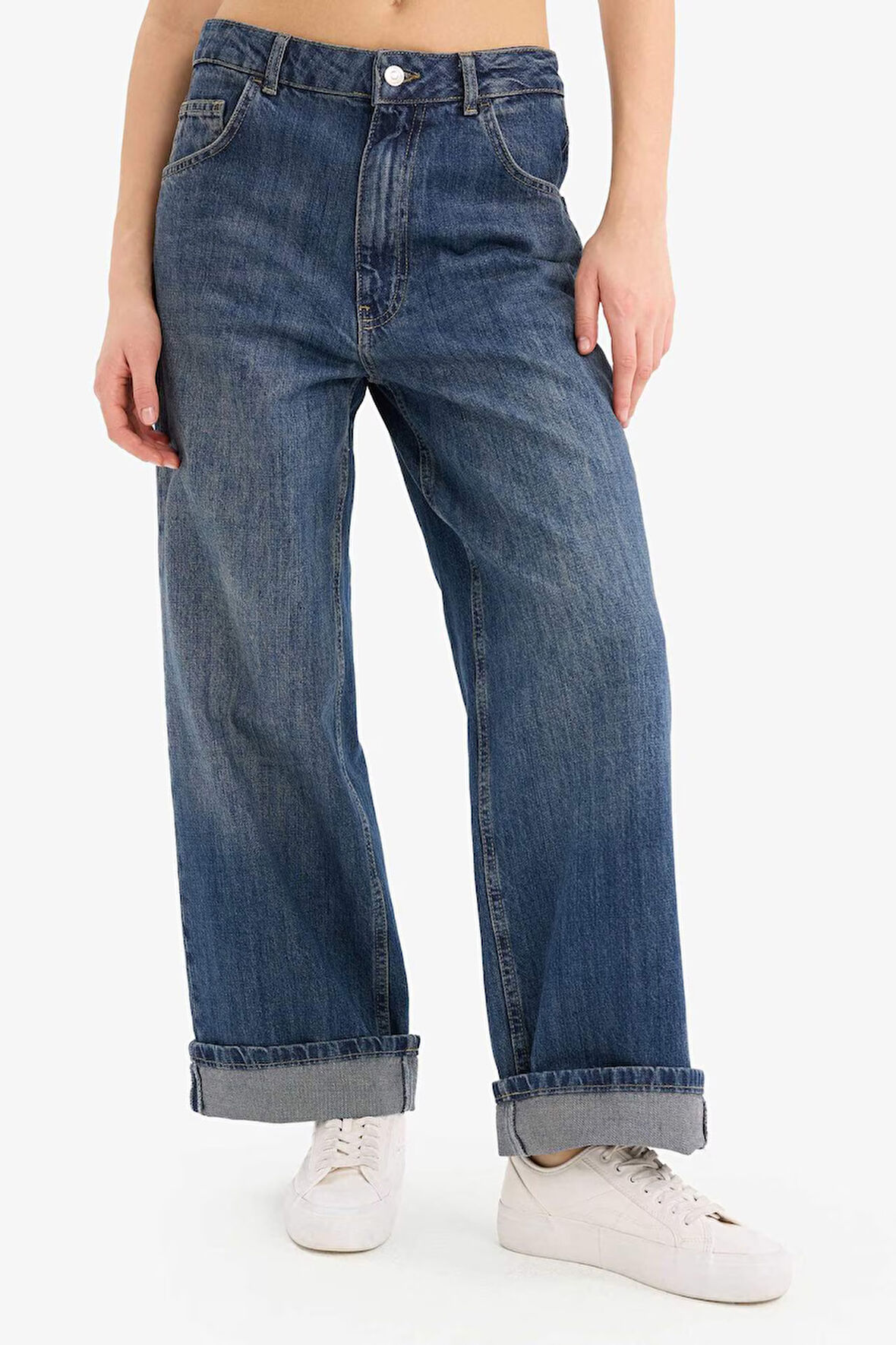 Baggy Fit Yüksek Bel Katlamalı Paça Uzun Jean Yıkamalı Pantolon