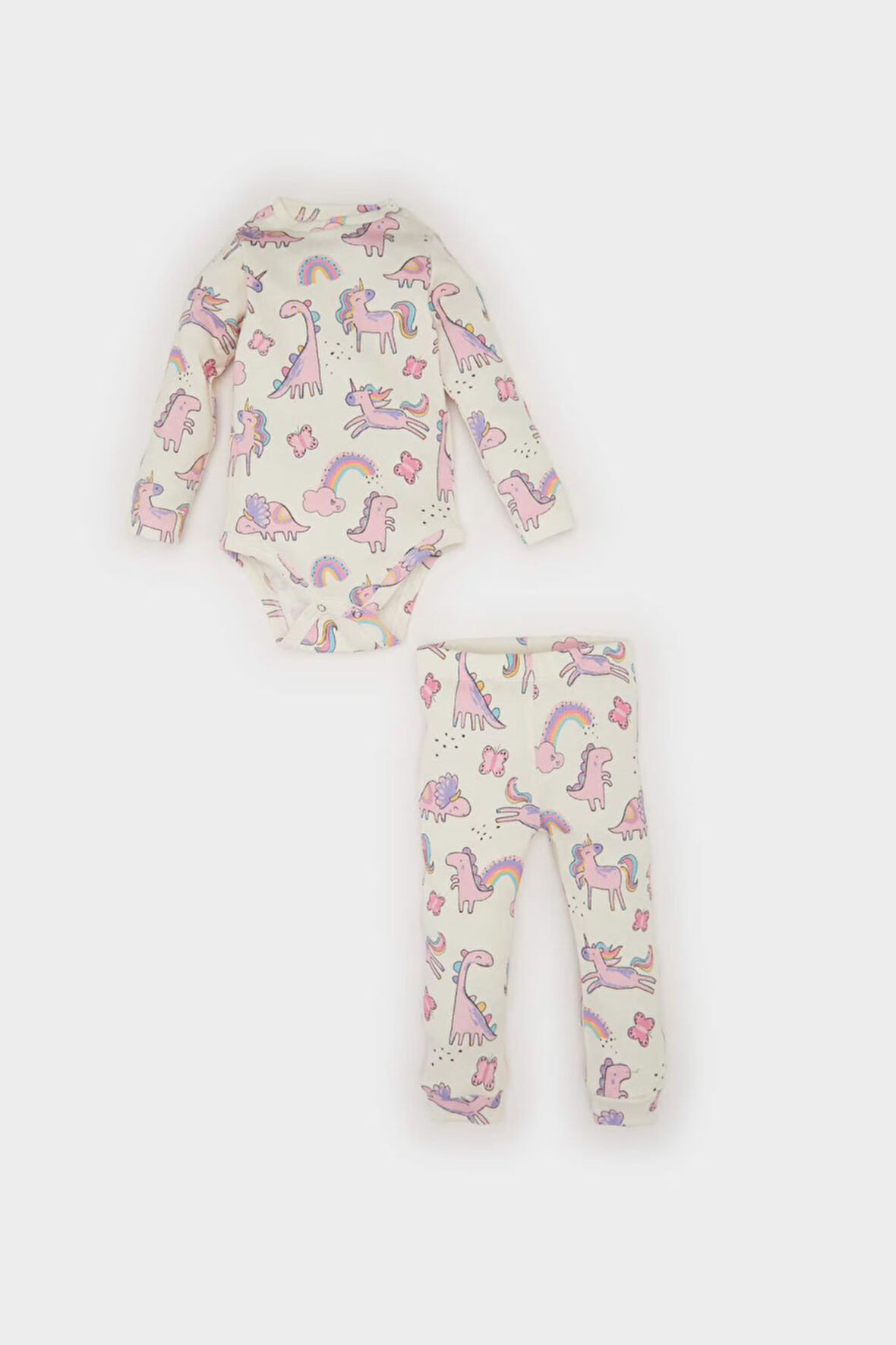 DeFacto Kız Bebek 2'li Takım Desenli Fitilli Kaşkorse Uzun Kollu Çıtçıtlı Body Uzun Alt E6308A525SPWT47