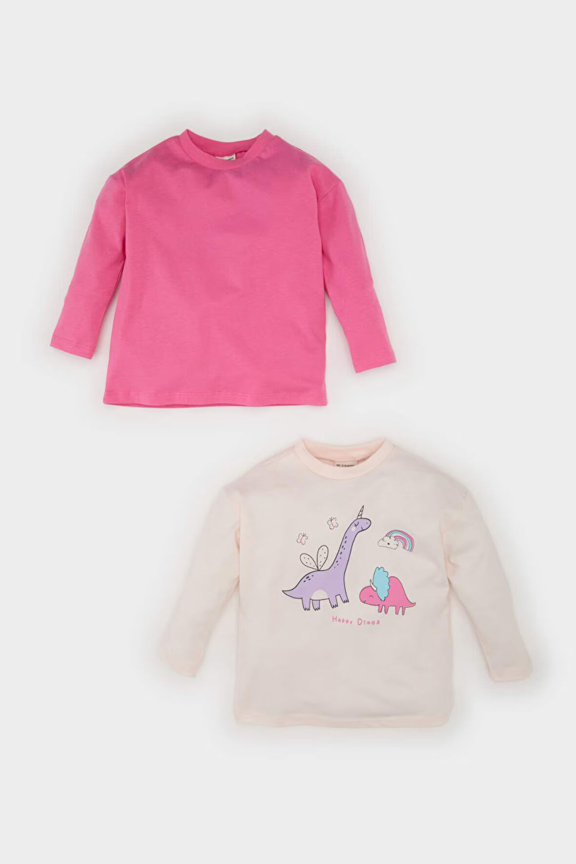 DeFacto Kız Bebek Yenidoğan Bisiklet Yaka Dinazor Baskılı Penye 2'li Uzun Kollu Tişört E6362A525SPPN324