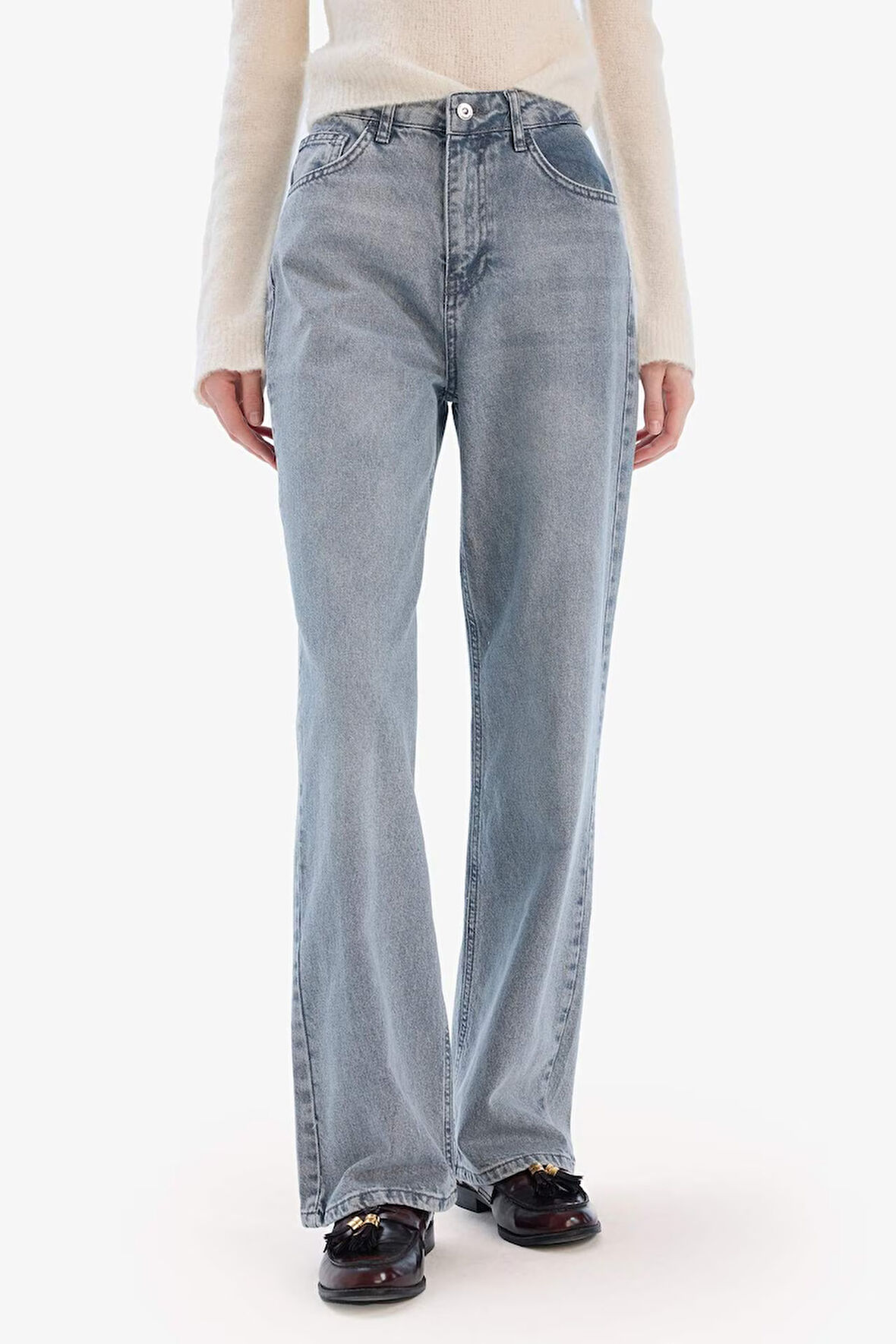 Straight Wide Yüksek Bel Uzun Jean Yıkamalı Pantolon
