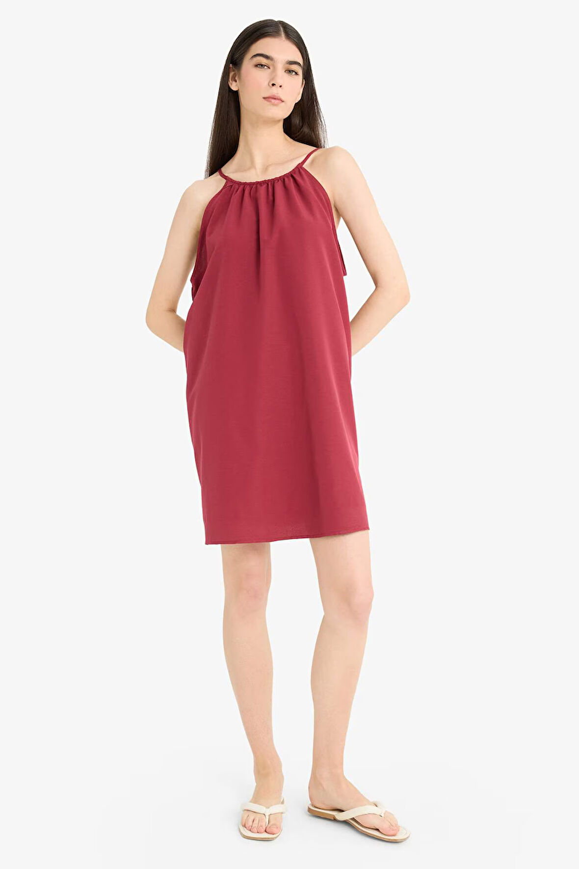 Yuvarlak Yaka Terry Cotton Mini Plaj Elbisesi-Fall in Love 
