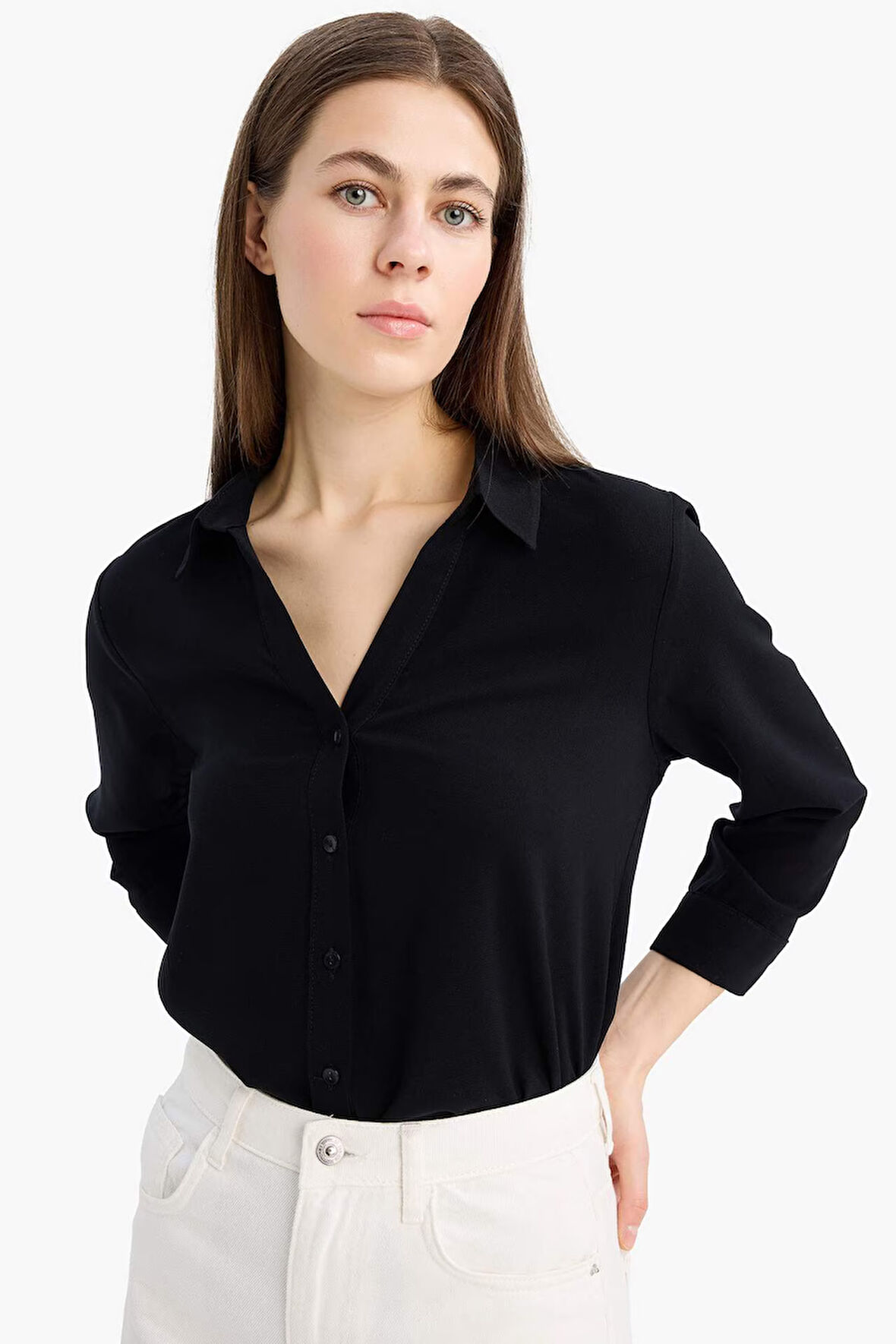 DeFacto Regular Fit Basic Düz Uzun Kollu Siyah Gömlek K4655AZ25SPBK81