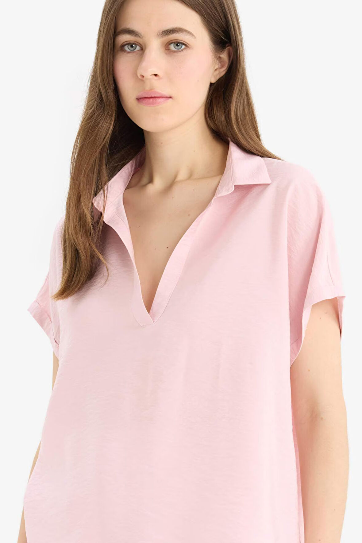 Comfort Fit Gömlek Yaka Basic Düz Kısa Kollu Bluz