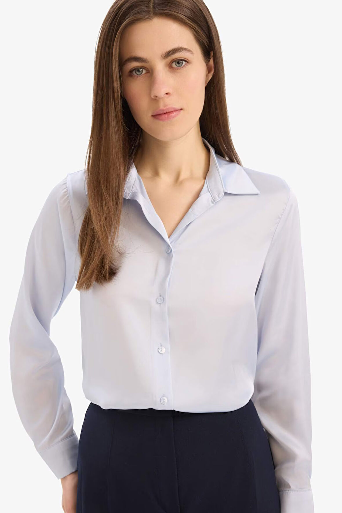 Kadınlar Günü Regular Fit Basic Düz Saten Uzun Kollu Gömlek