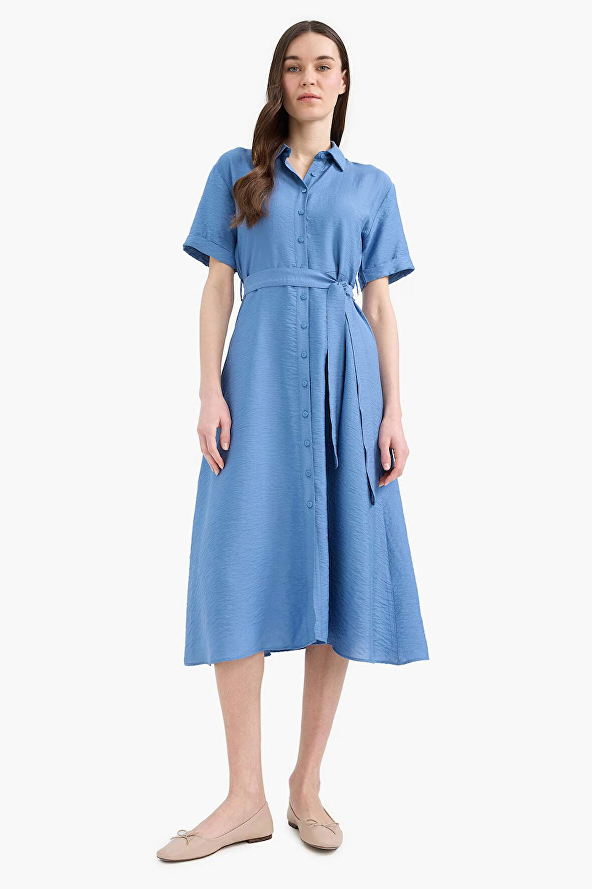  Regular Fit Gömlek Yaka Kuşaklı Kısa Kollu Midi Elbise