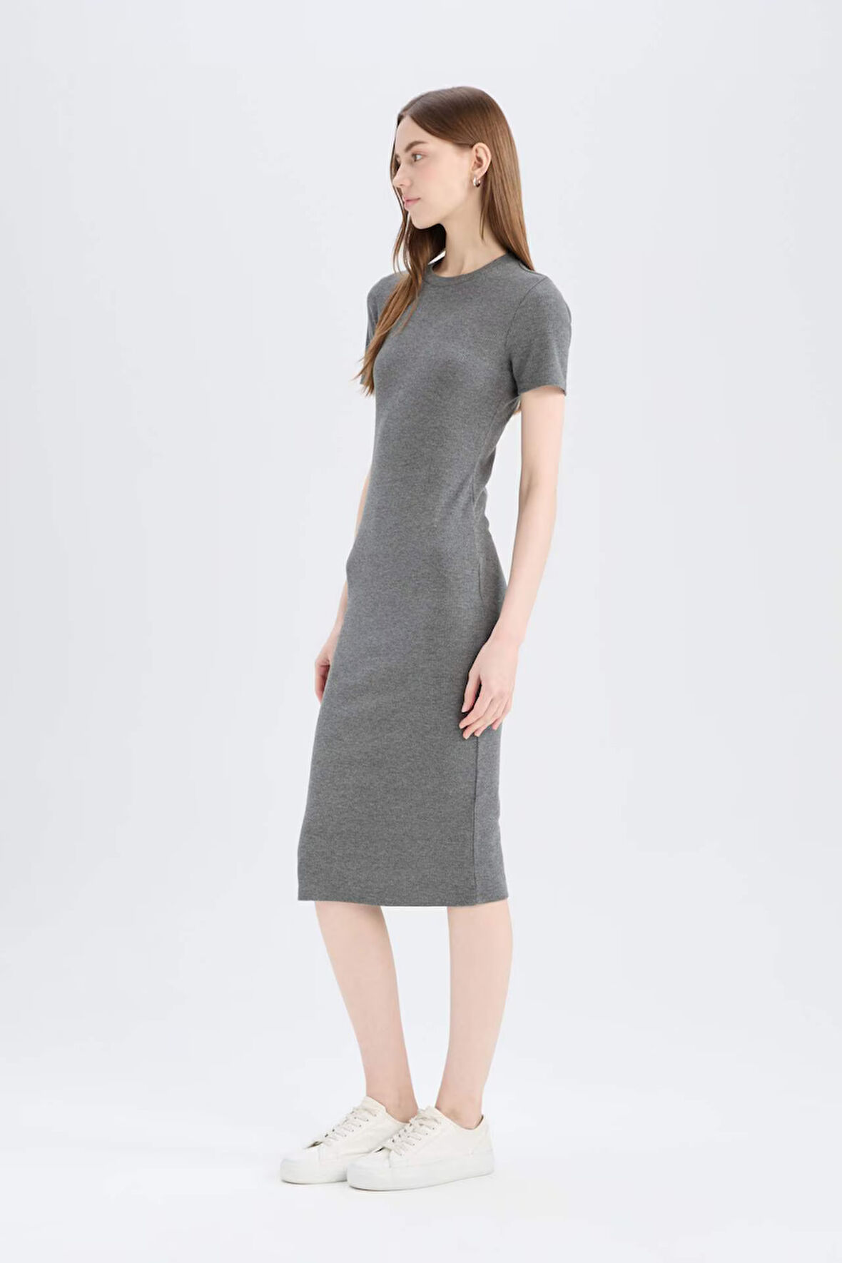 Bodycon Vücudu Saran Bisiklet Yaka Fitilli Kaşkorse Kısa Kollu Midi Elbise