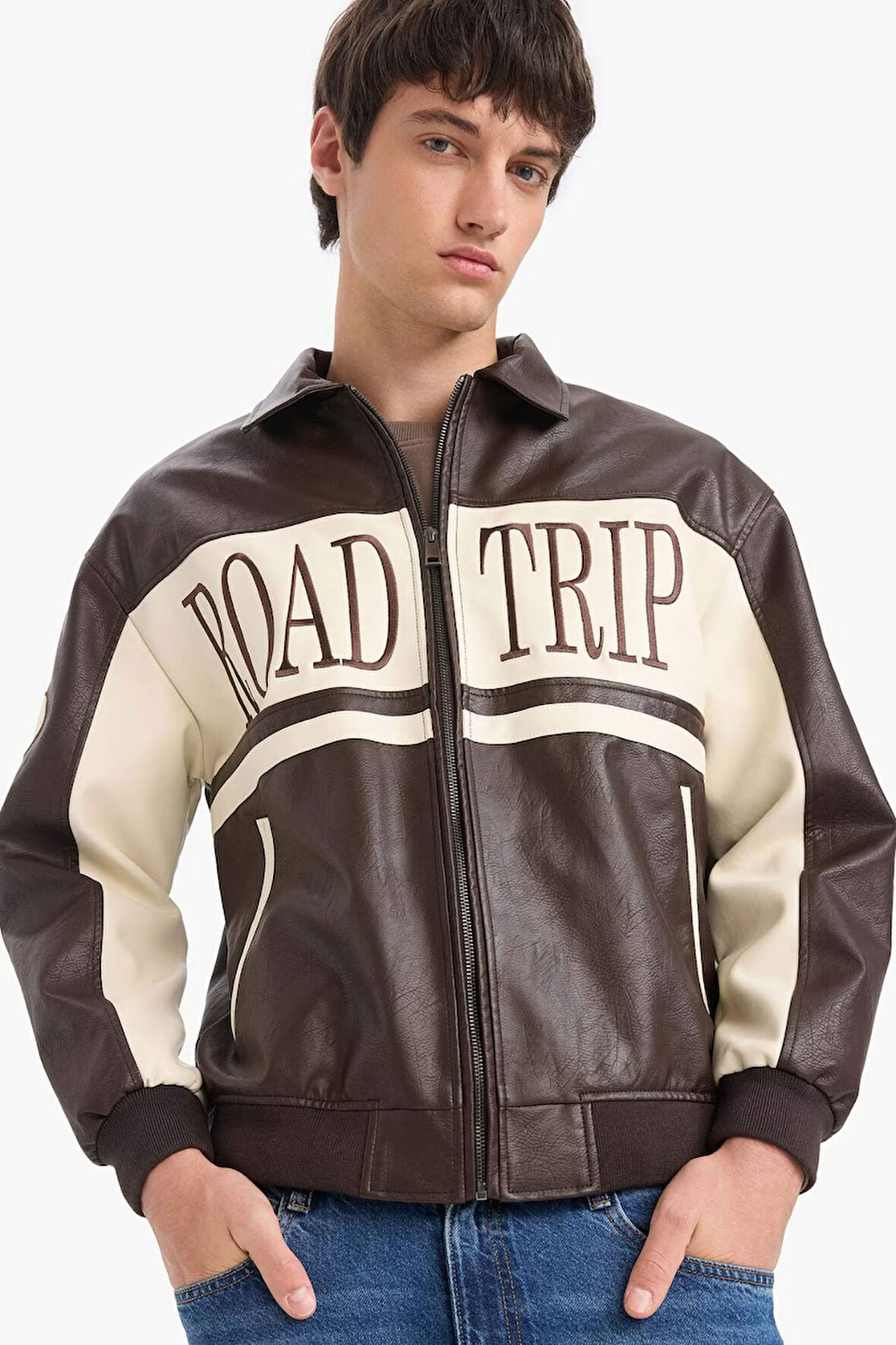 Oversize Geniş Kalıp Gömlek Yaka Fermuarlı Suni Deri Mont