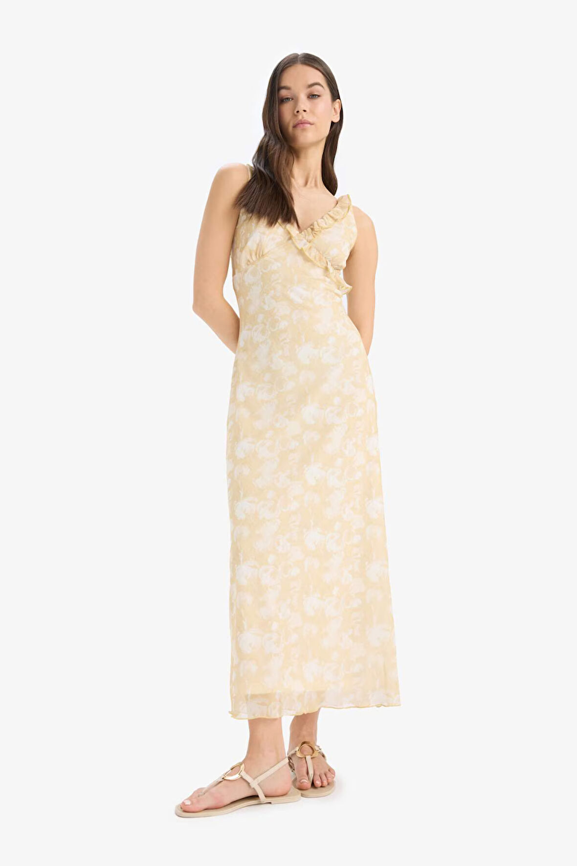 Bodycon Vücudu Saran Desenli Tül Askılı Midi Elbise