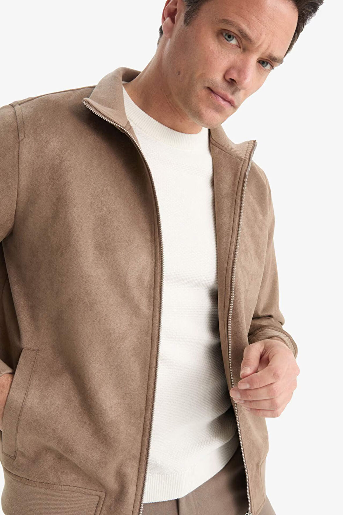 Slim Fit Dar Kesim Dik Yaka Fermuarlı Süet Mont