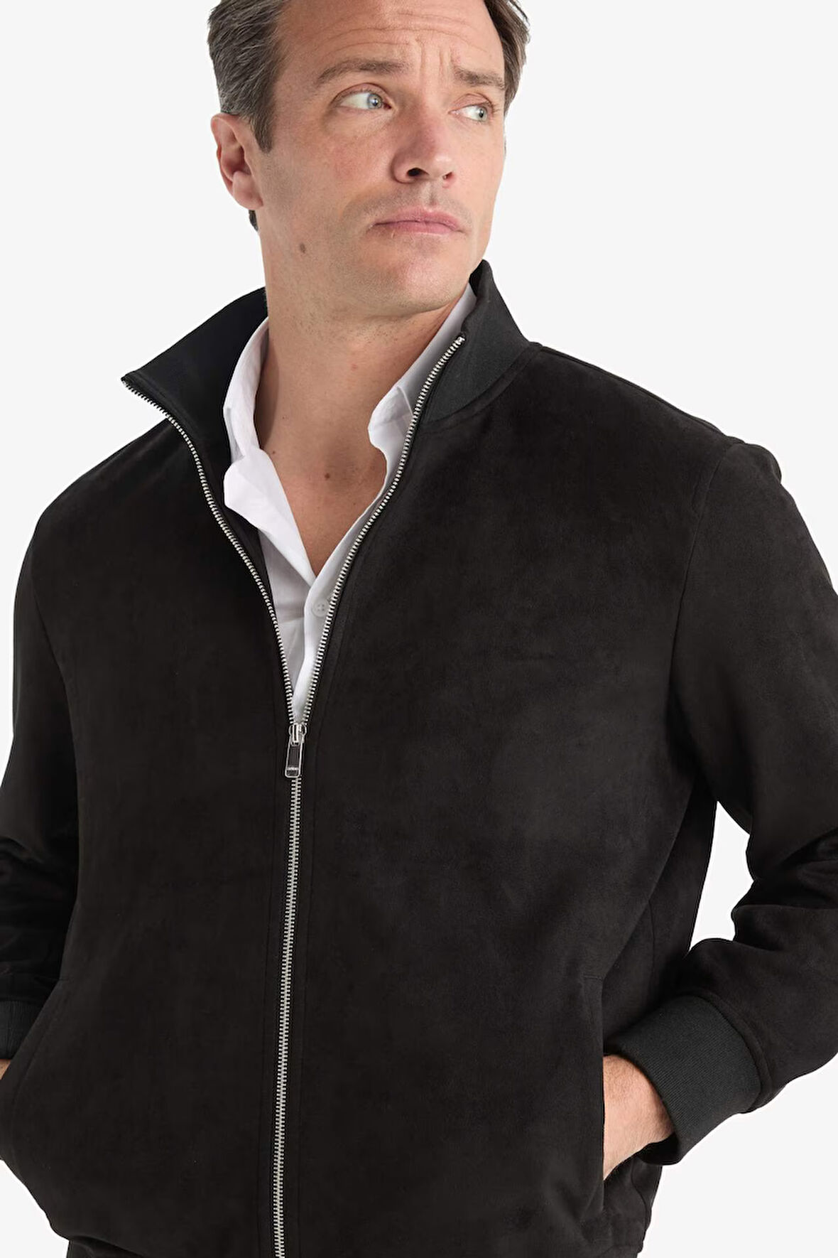 Slim Fit Dar Kesim Dik Yaka Fermuarlı Süet Mont