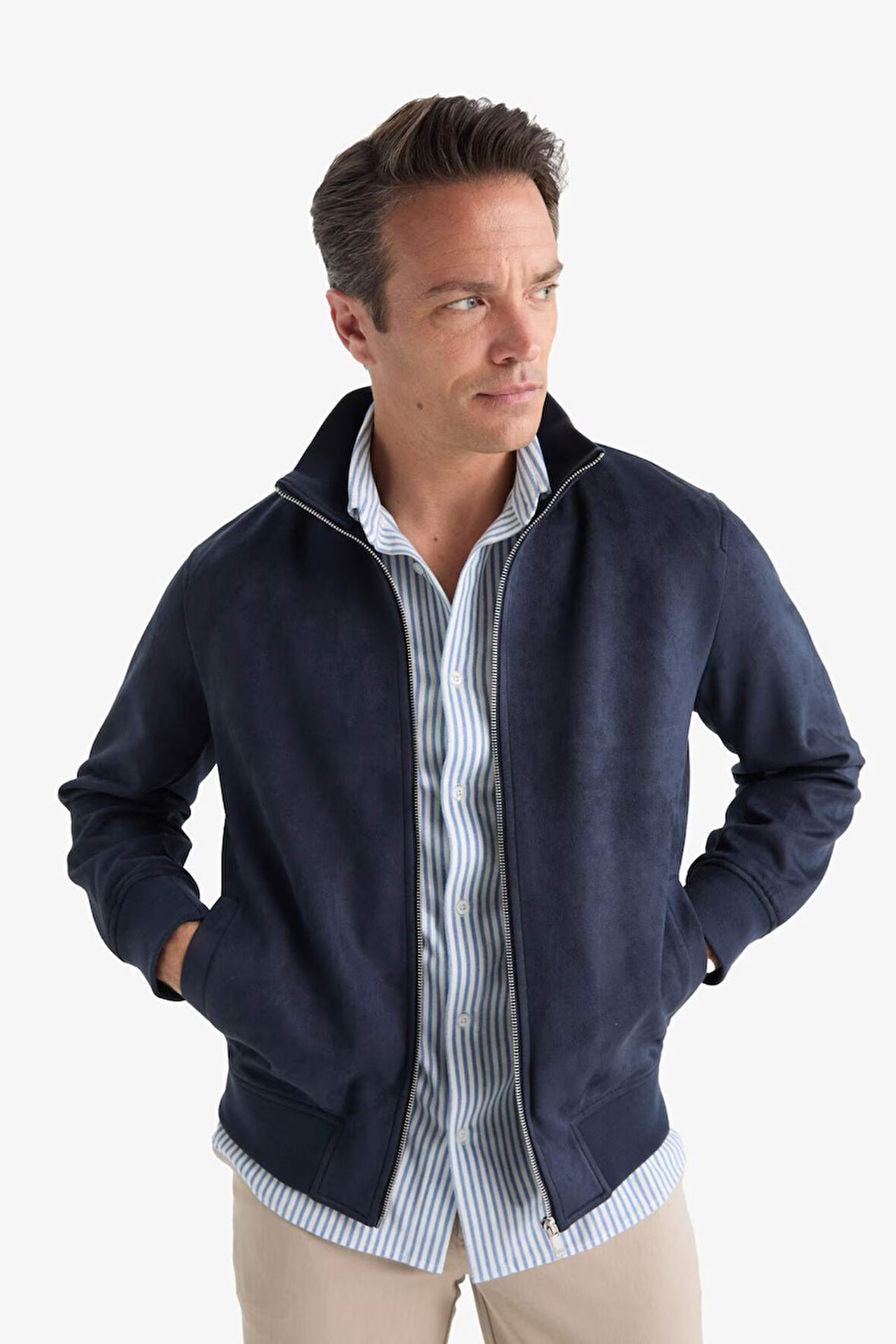 Slim Fit Dar Kesim Dik Yaka Fermuarlı Süet Mont