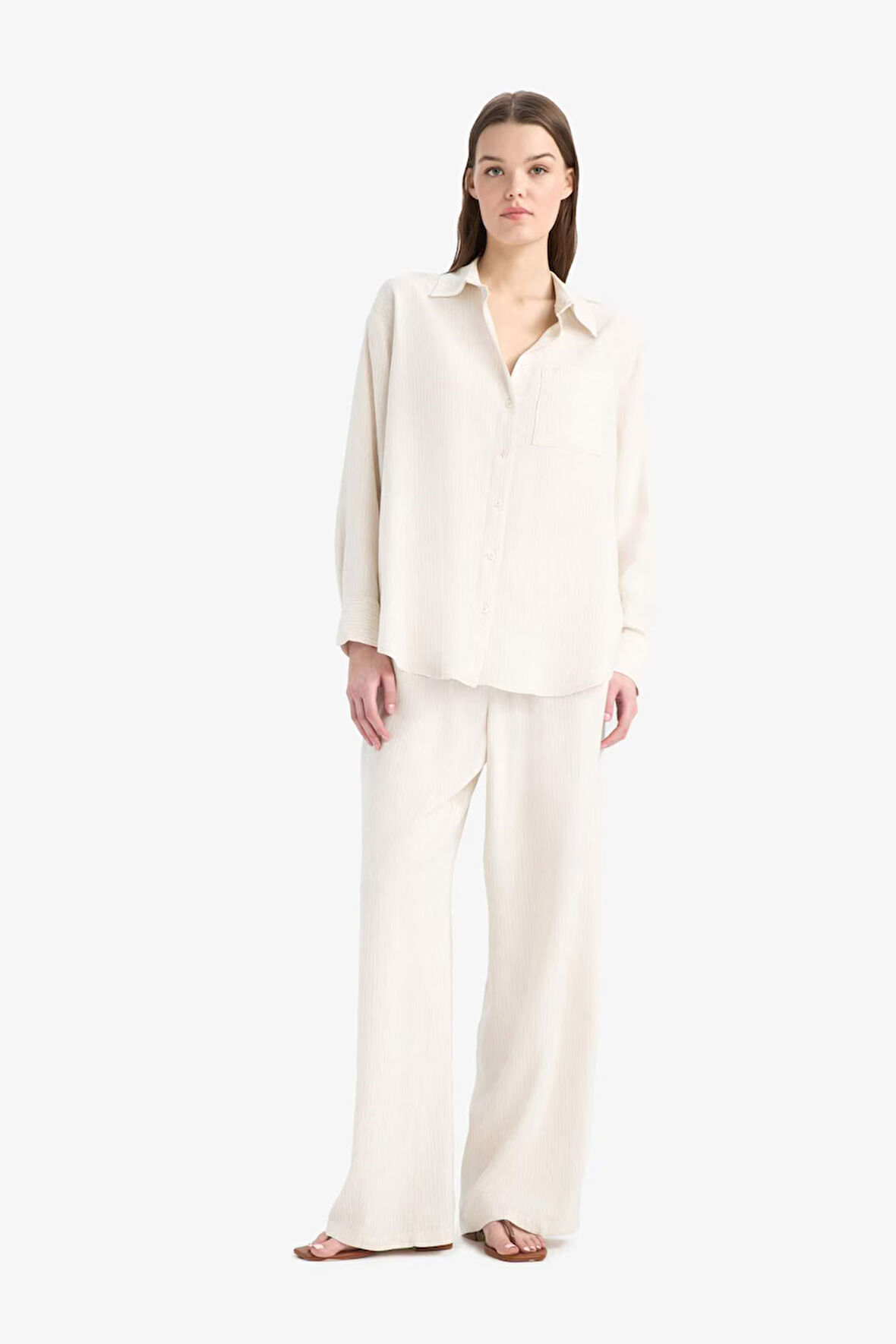 DeFacto Keten Karışımlı Pantolon Wide Leg Geniş Bol Paça Basic Düz Çift Cepli Yüksek Bel Standart Boy C6021AX25SPBG286