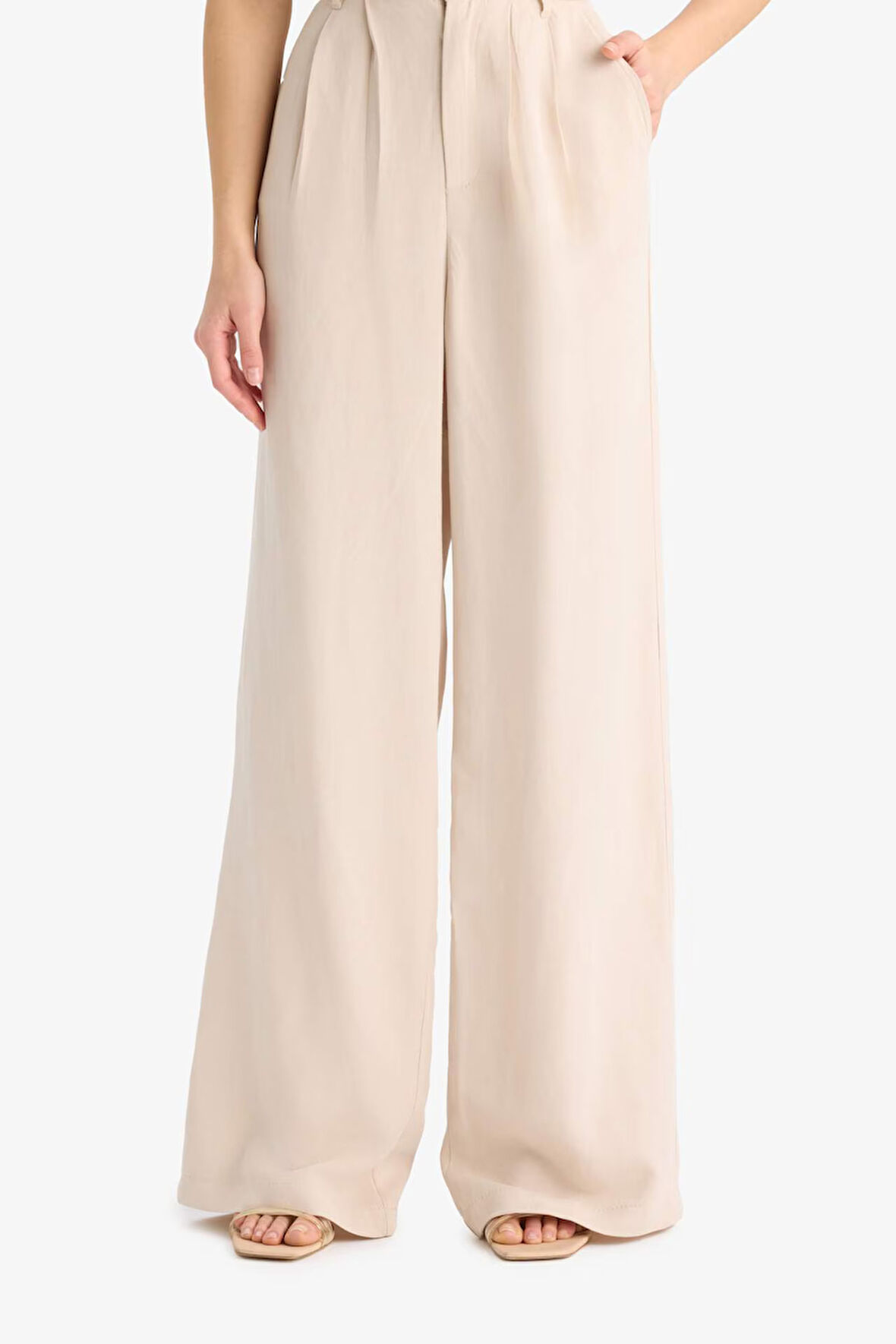 Wide Leg Fermuarlı Normal Bel Standart Boy Geniş Paça Keten Karışımlı Pantolon