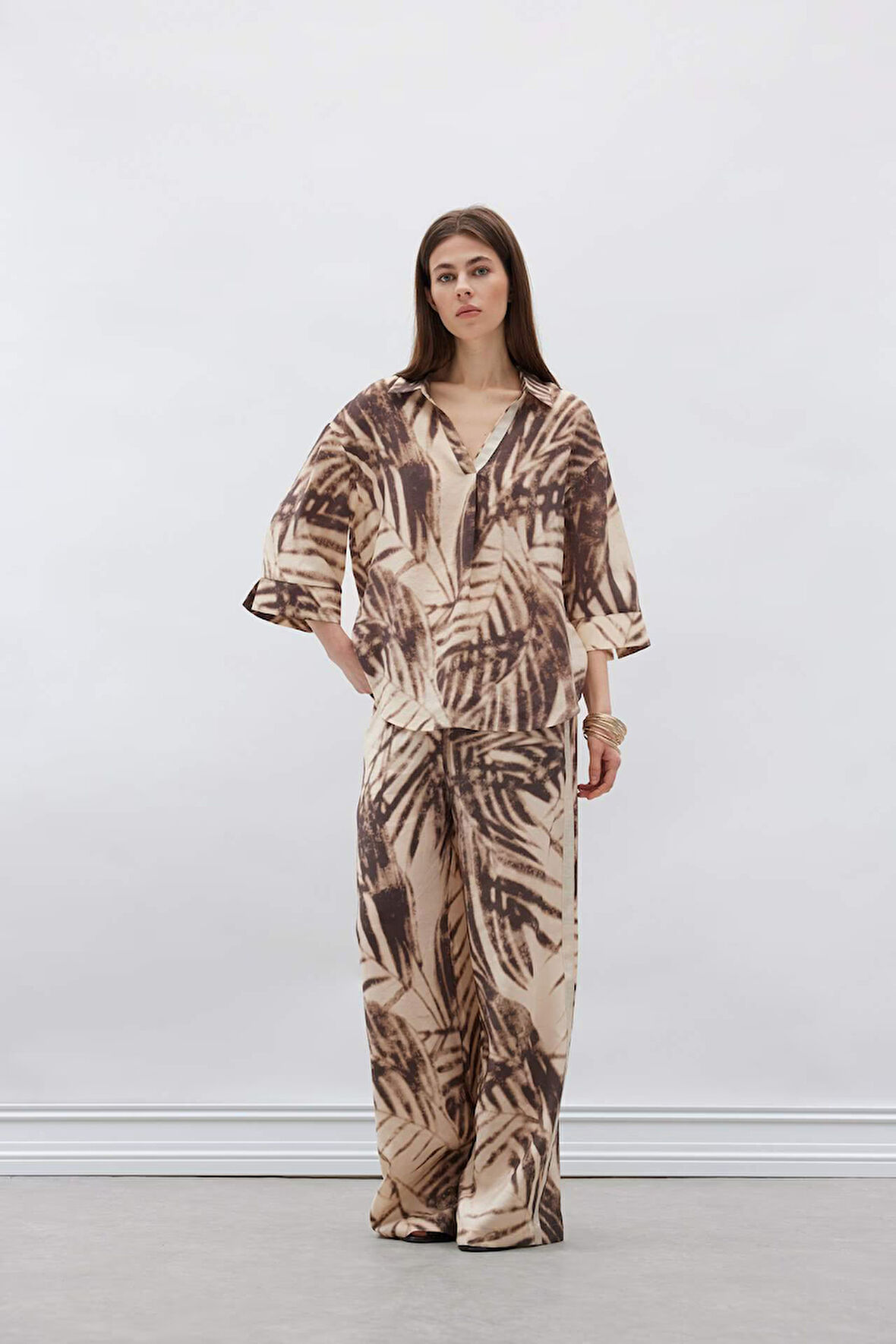 Wide Leg Desenli Modal Kumaş Pantolon Yüksek Bel Düz Geniş Paça