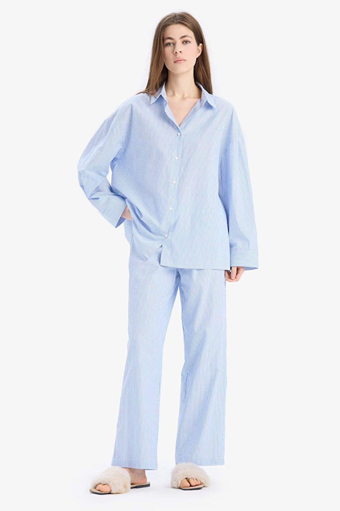 DeFacto Fall in Love Çizgili Uzun Boy Poplin Pijama Altı E5769AX25SPBE747