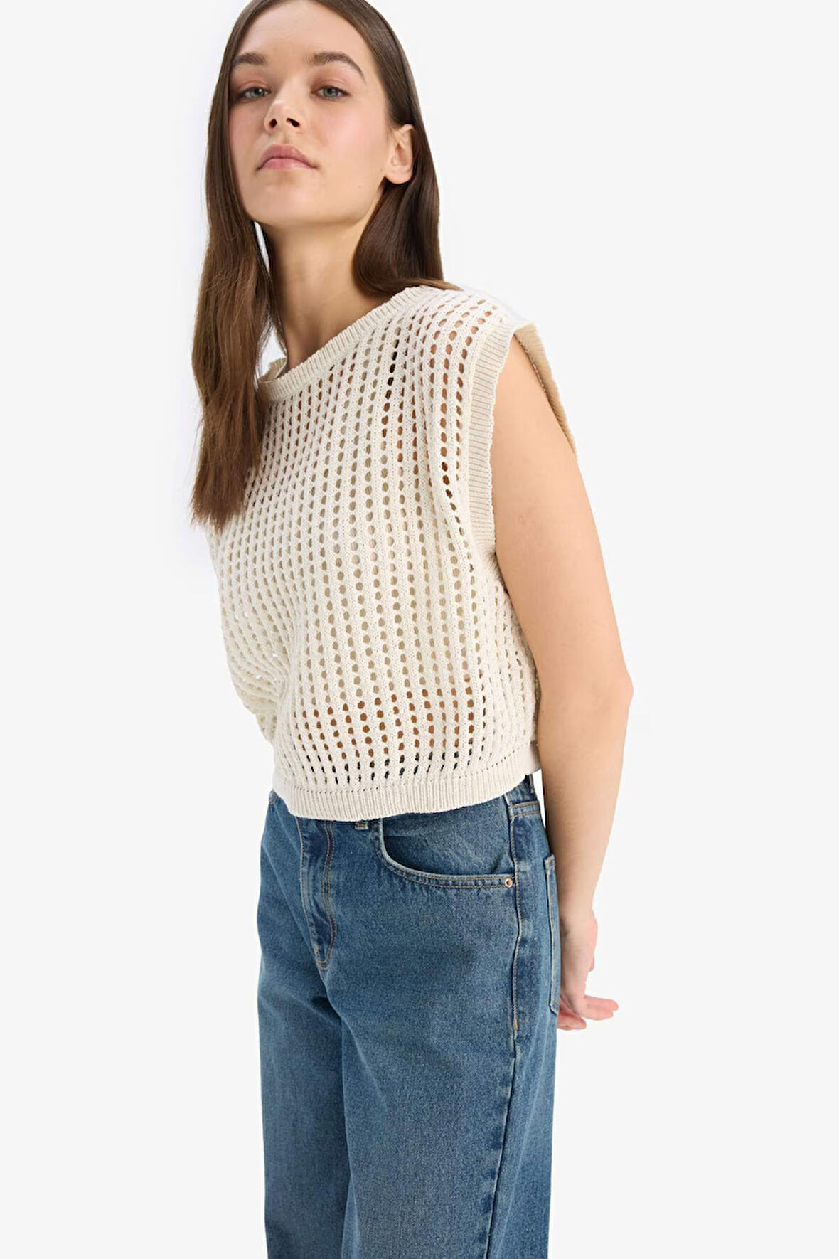 	Crop Örgü Desenli Pamuklu Kroşe Triko Süveter