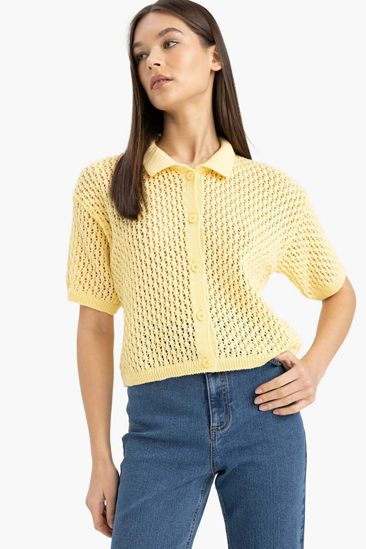 Slim Fit Dar Kesim Polo Yaka Düğmeli Kroşe Hırka
