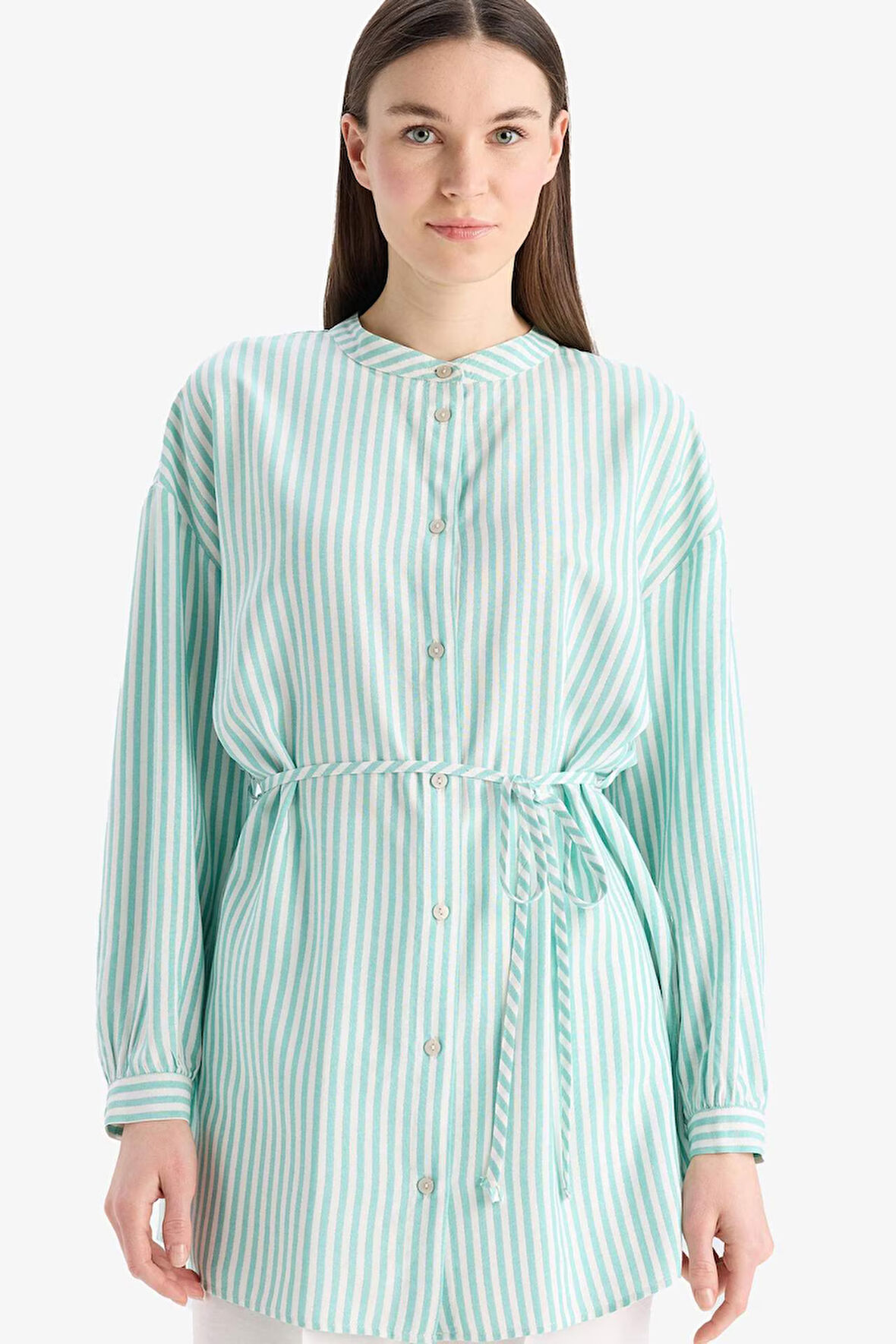 DeFacto Relax Fit Çizgili Uzun Kollu Bağcıklı Tesettür Gömlek Tunik E5360AX25SPGN1230