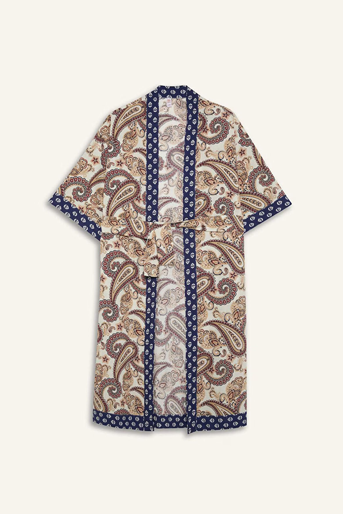 Regular Fit Kuşaklı Etnik Desenli Pamuklu Kimono-Fall in Love