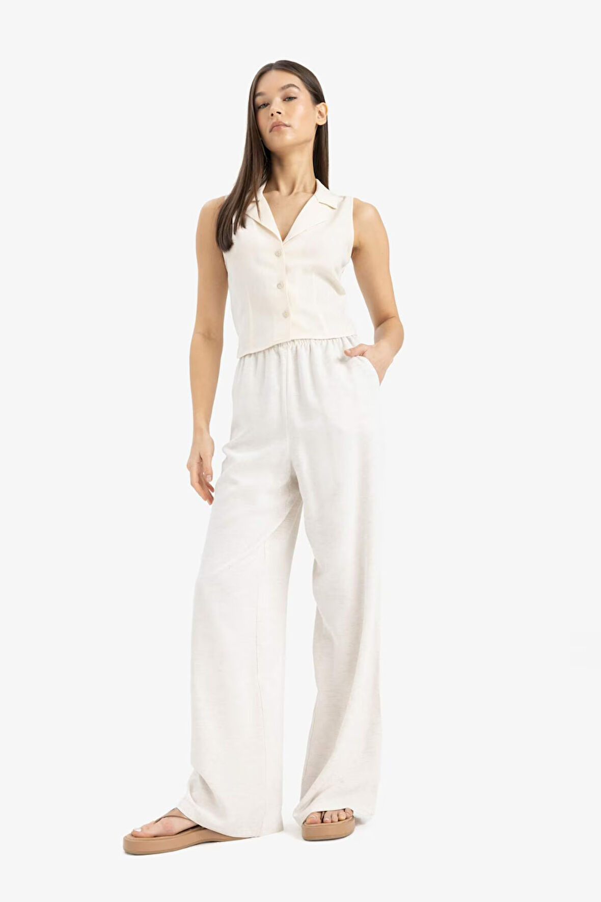	Keten Karışımlı Pantolon Wide Leg Geniş Bol Paça Üç Cepli Normal Bel Basic Düz Standart Boy