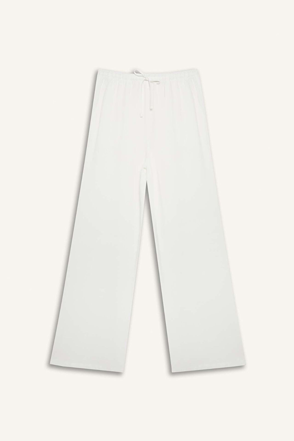 	Keten Karışımlı Pantolon Wide Leg Geniş Bol Paça Üç Cepli Normal Bel Basic Düz Standart Boy
