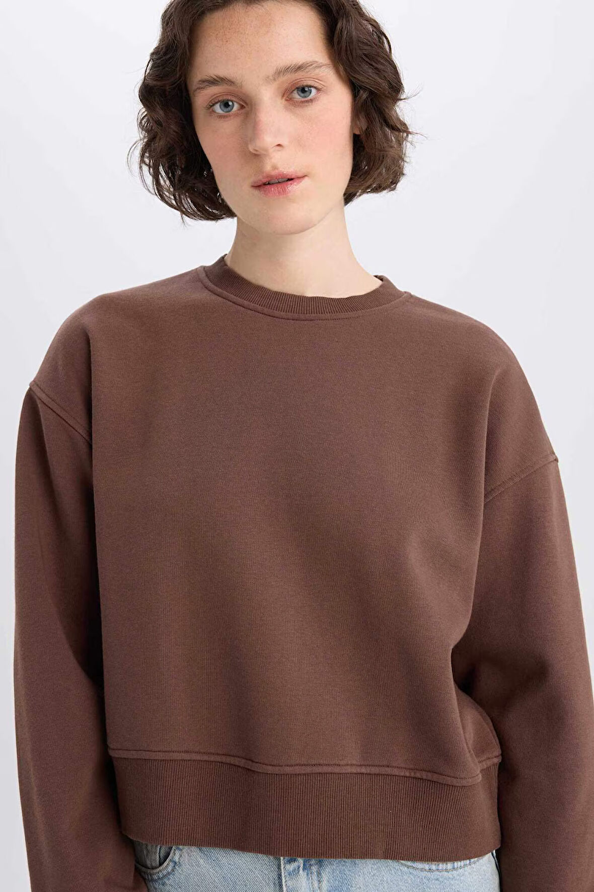 Boxy Fit Bisiklet Yaka Basic Düz Kalın Sweatshirt