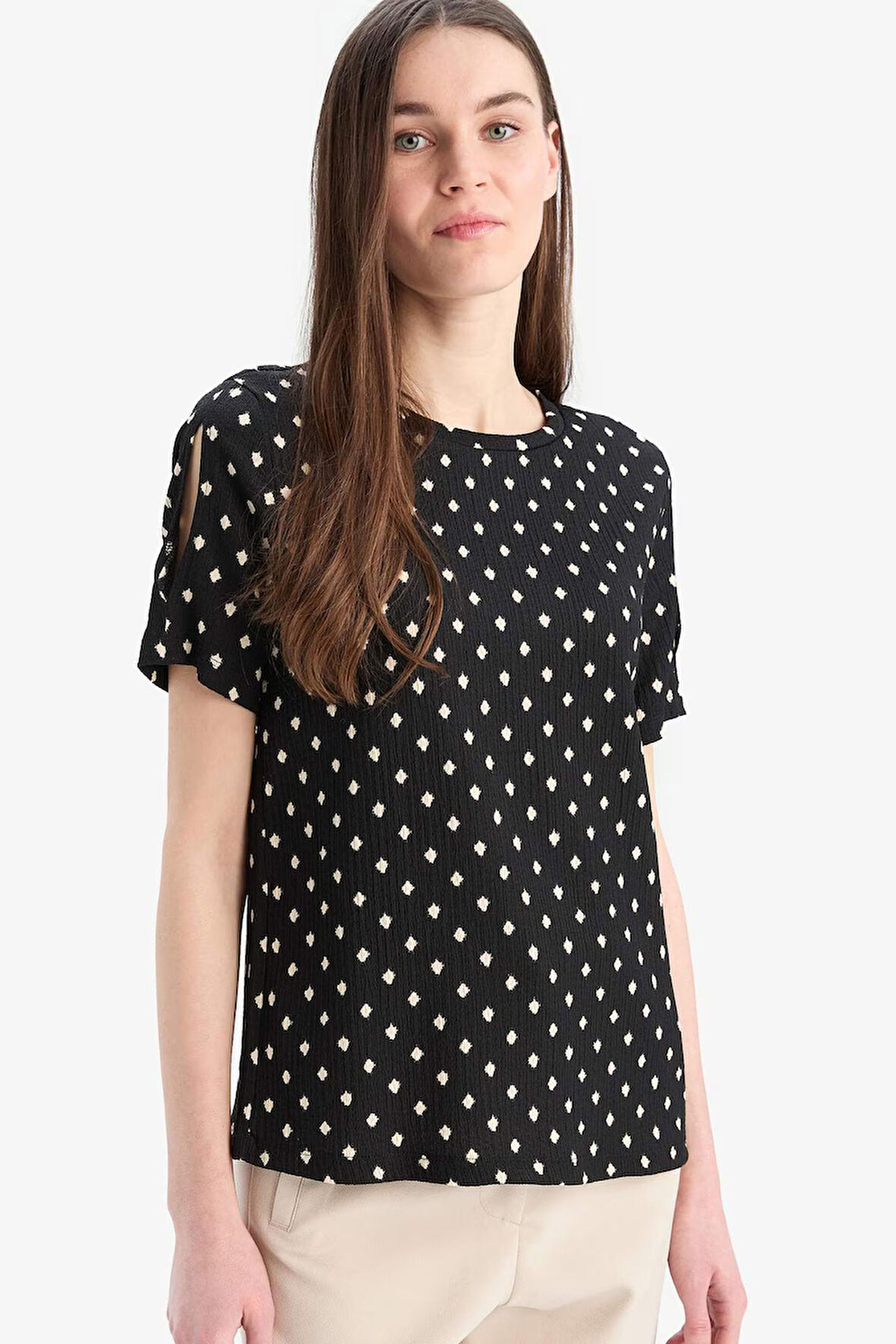 DeFacto Regular Fit Bisiklet Yaka Desenli Bürümcük Kısa Kollu Tişört E7324AX25SMBK81