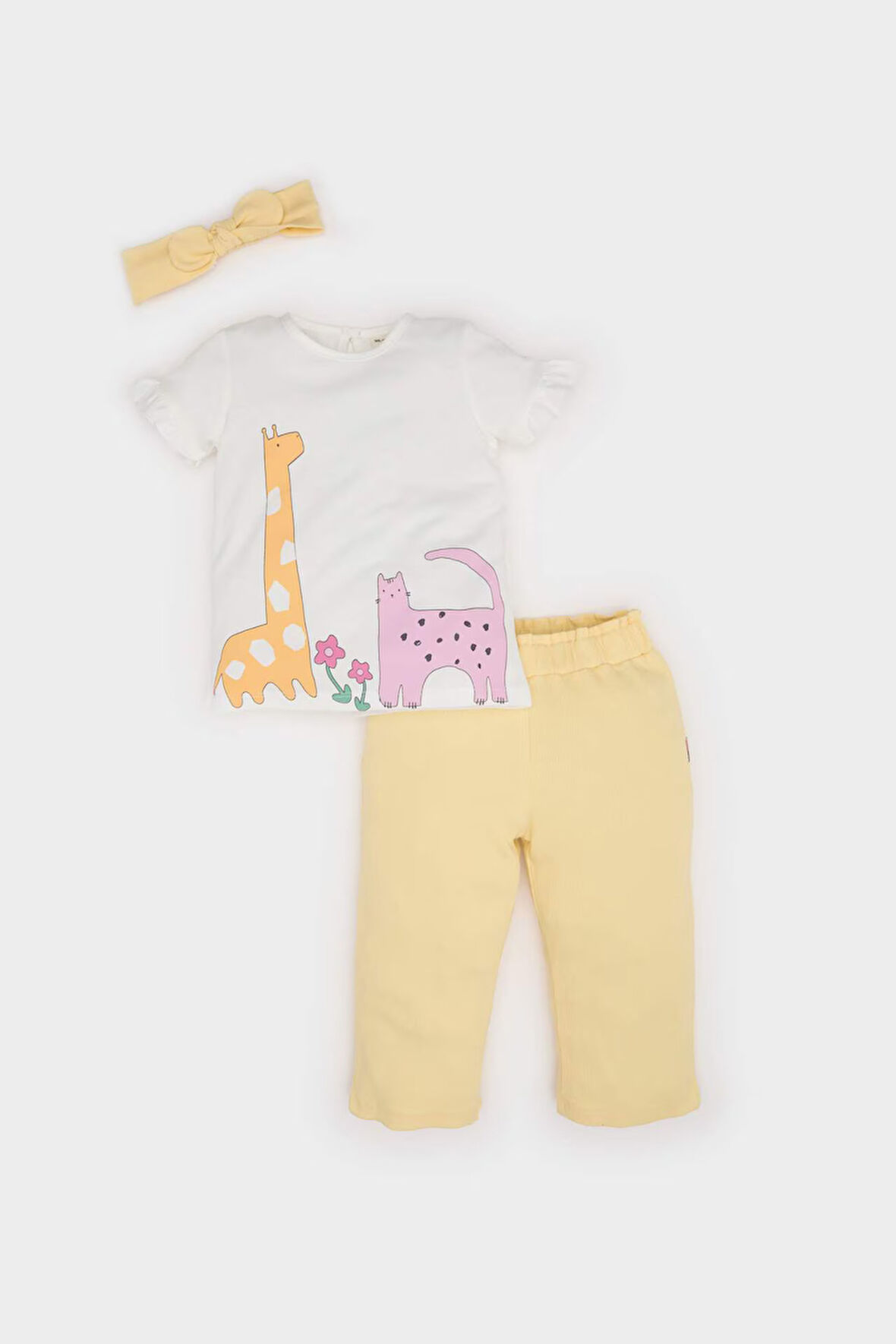 DeFacto Kız Bebek 3'lü Takım Fitilli Kaşkorse Baskılı Kısa Kollu Tişört Beli Lastikli Alt Saç Bandı E8143A525SMER105