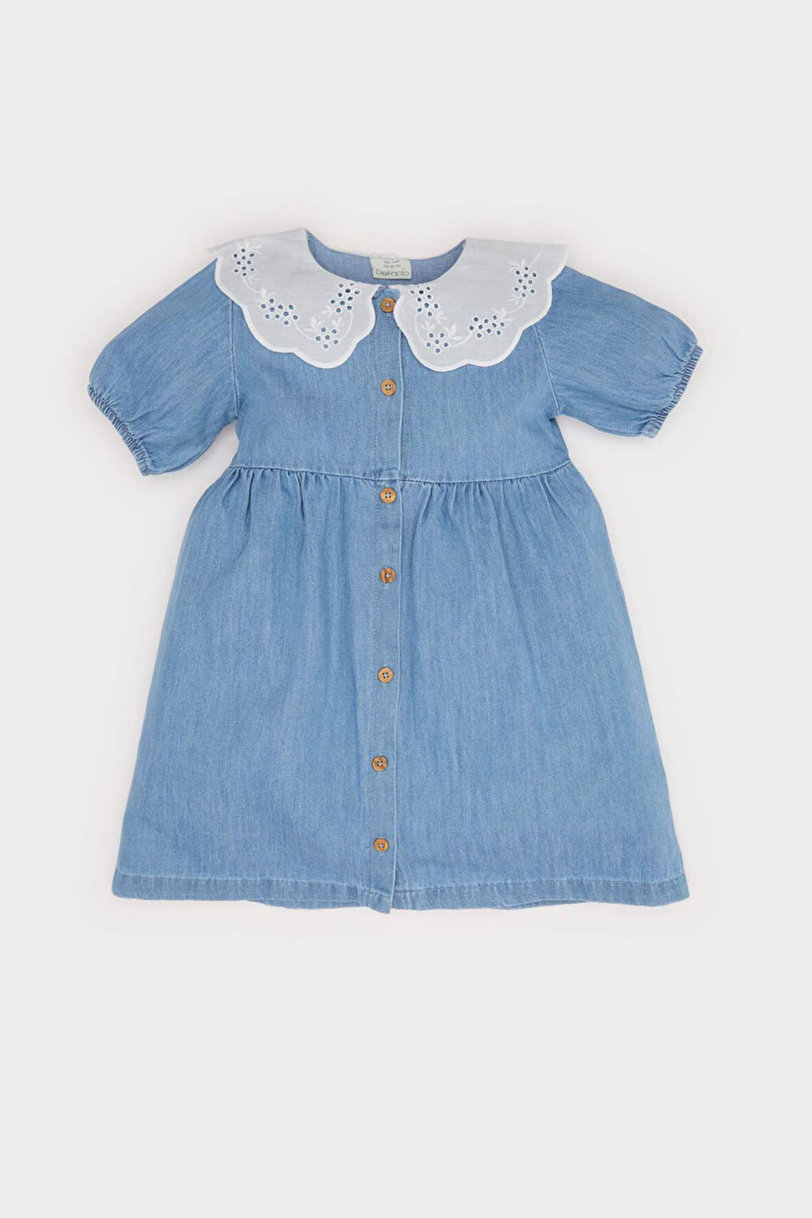 Kız Bebek Geniş Dantel Yakalı Kısa Kollu Jean Elbise