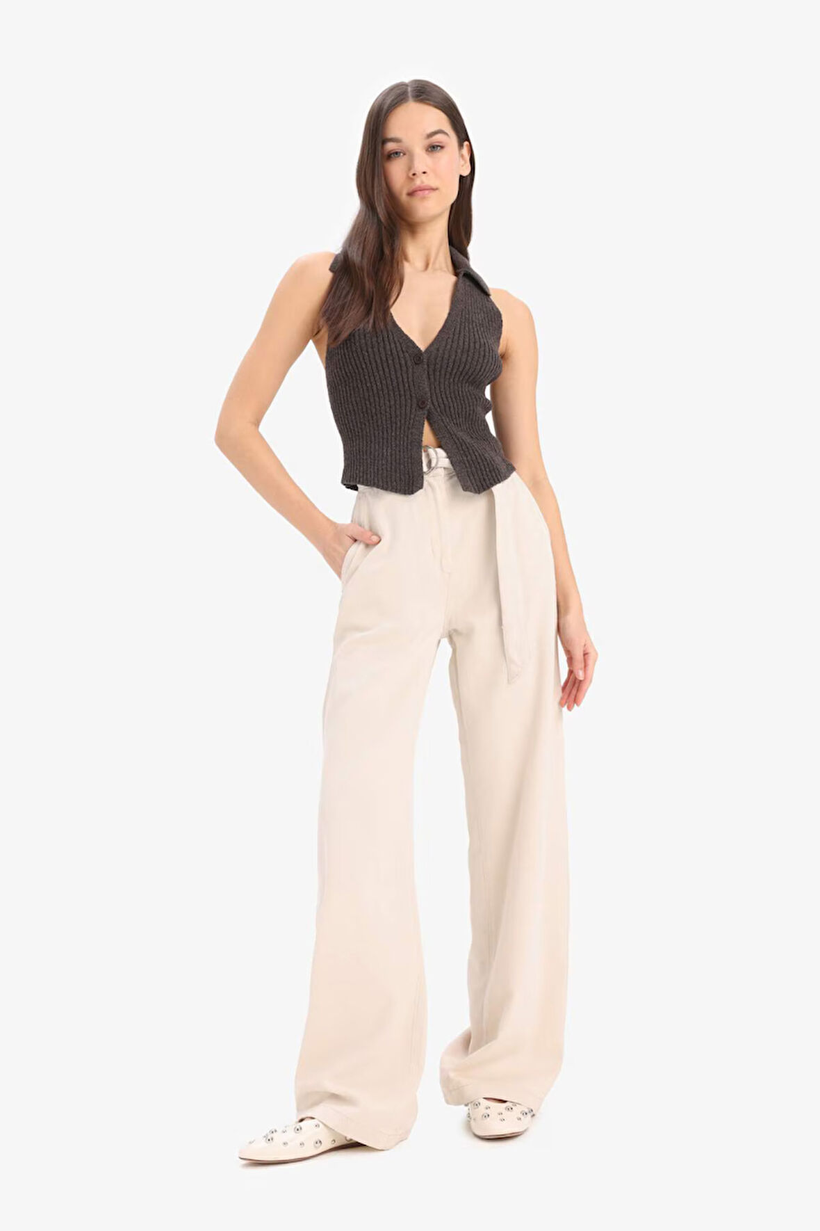 Wide Leg Çift Cepli Yüksek Bel Standart Boy Modal Geniş Bol Paça Pantolon