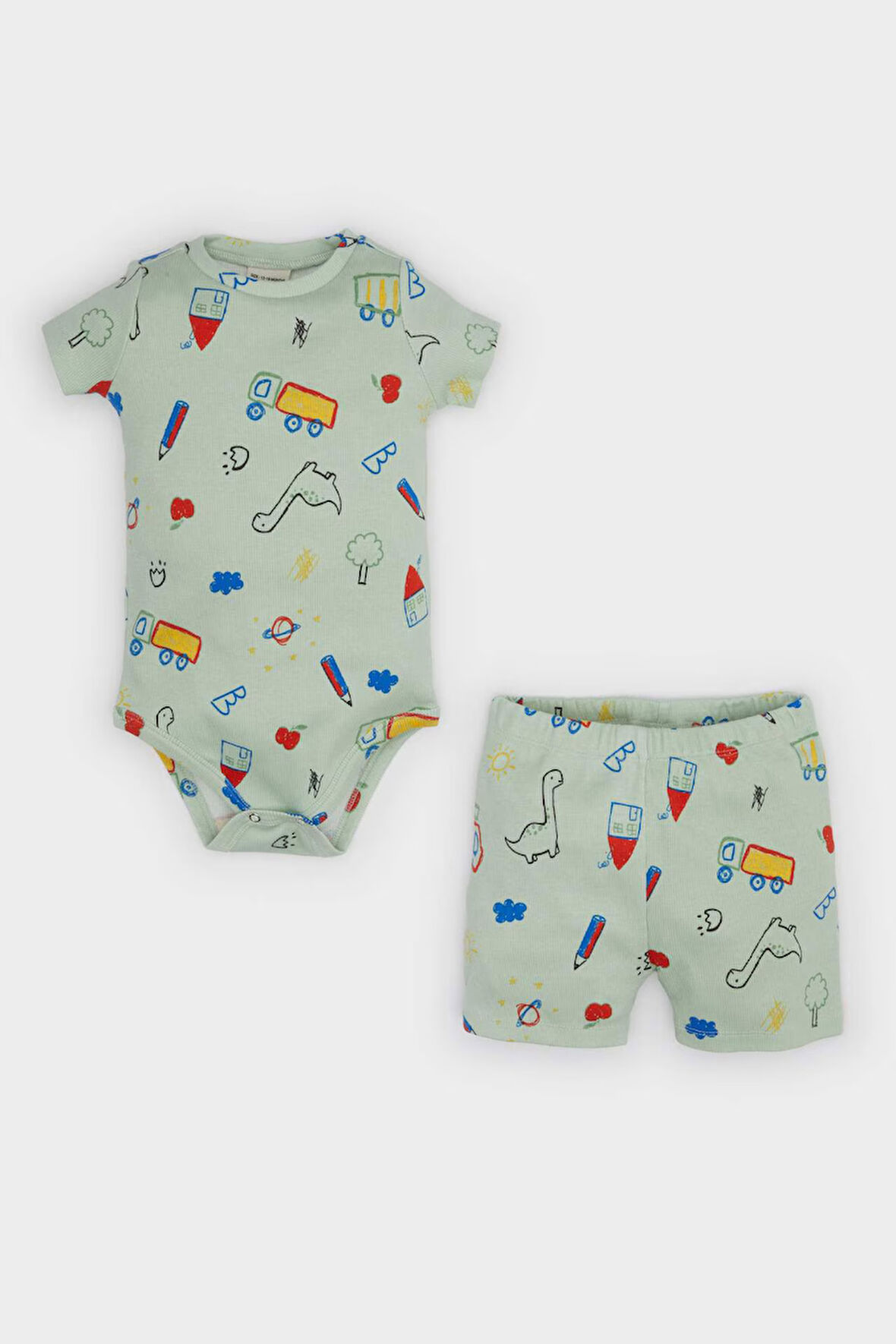 DeFacto Erkek Bebek 2'li Takım Dinazor Baskılı Kısa Kollu Fitilli Kaşkorse Çıtçıtlı Body Beli Lastikli Şort E8227A525SMGN1132
