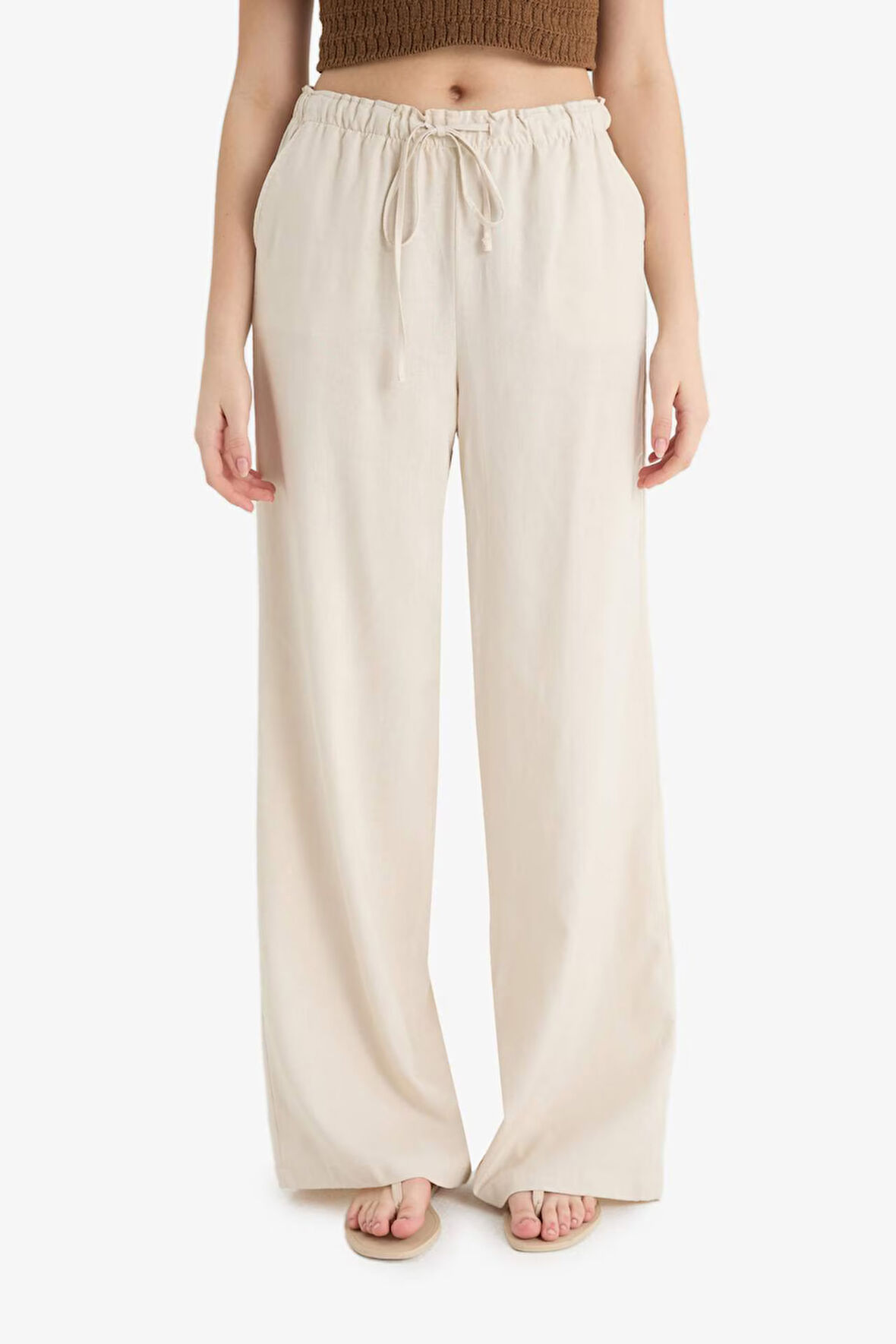 Wide Leg Çift Cepli Beli Lastikli Standart Boy Keten Karışımlı Pantolon