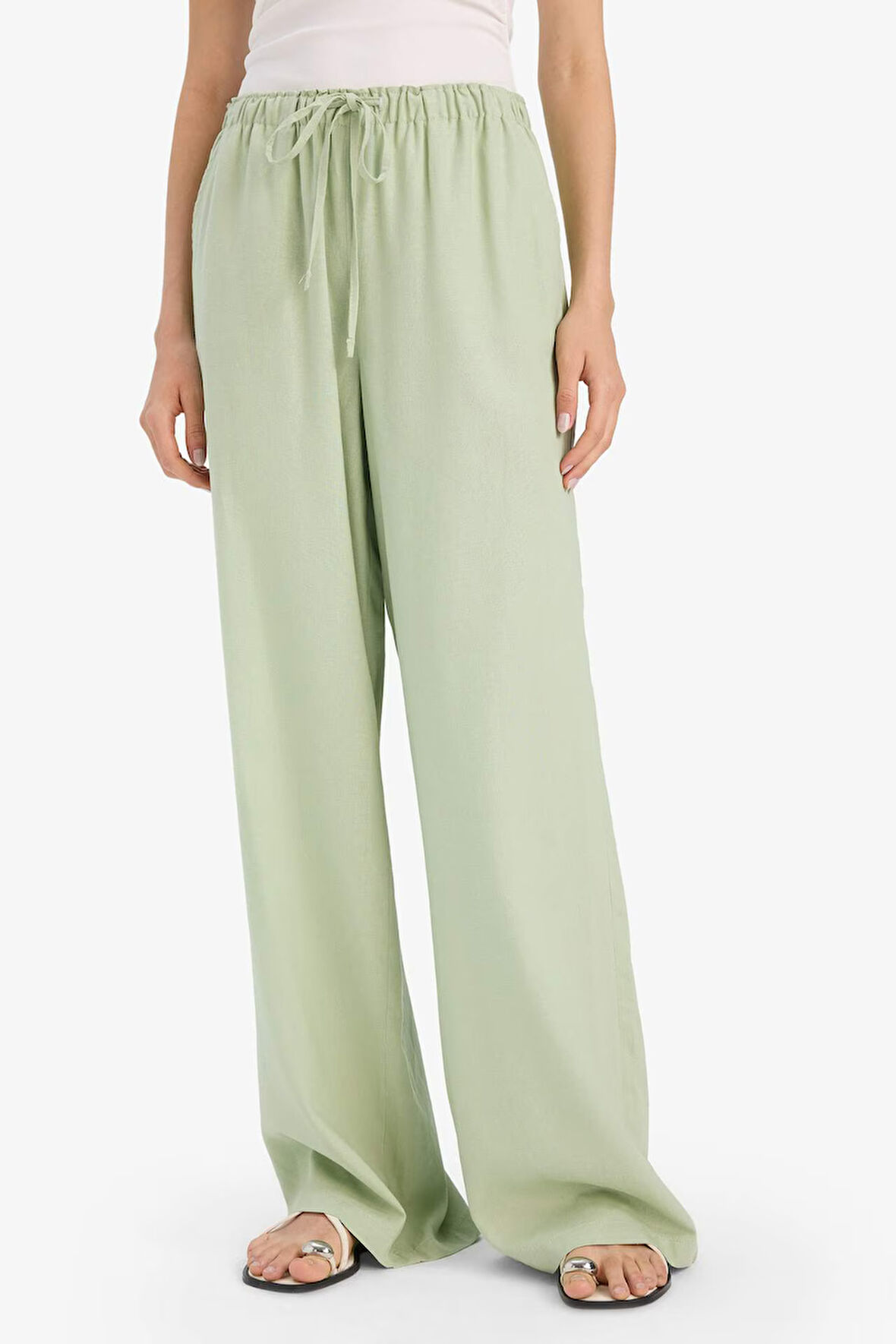 Wide Leg Çift Cepli Beli Lastikli Standart Boy Keten Karışımlı Pantolon