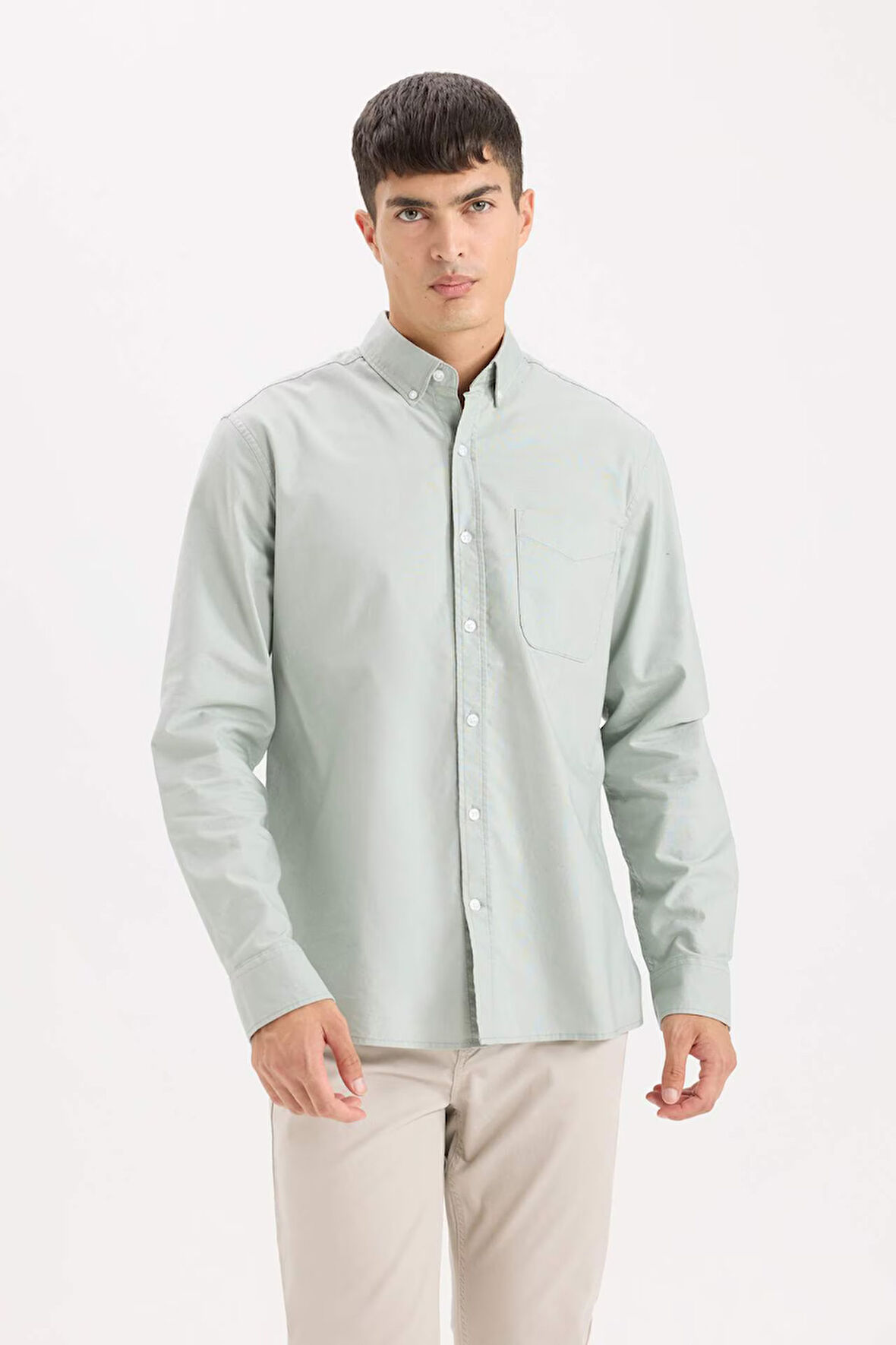 DeFacto %100 Pamuk Regular Fit Polo Yaka Oxford Basic Düz Uzun Kollu Gömlek A8028AX25SPGN1128