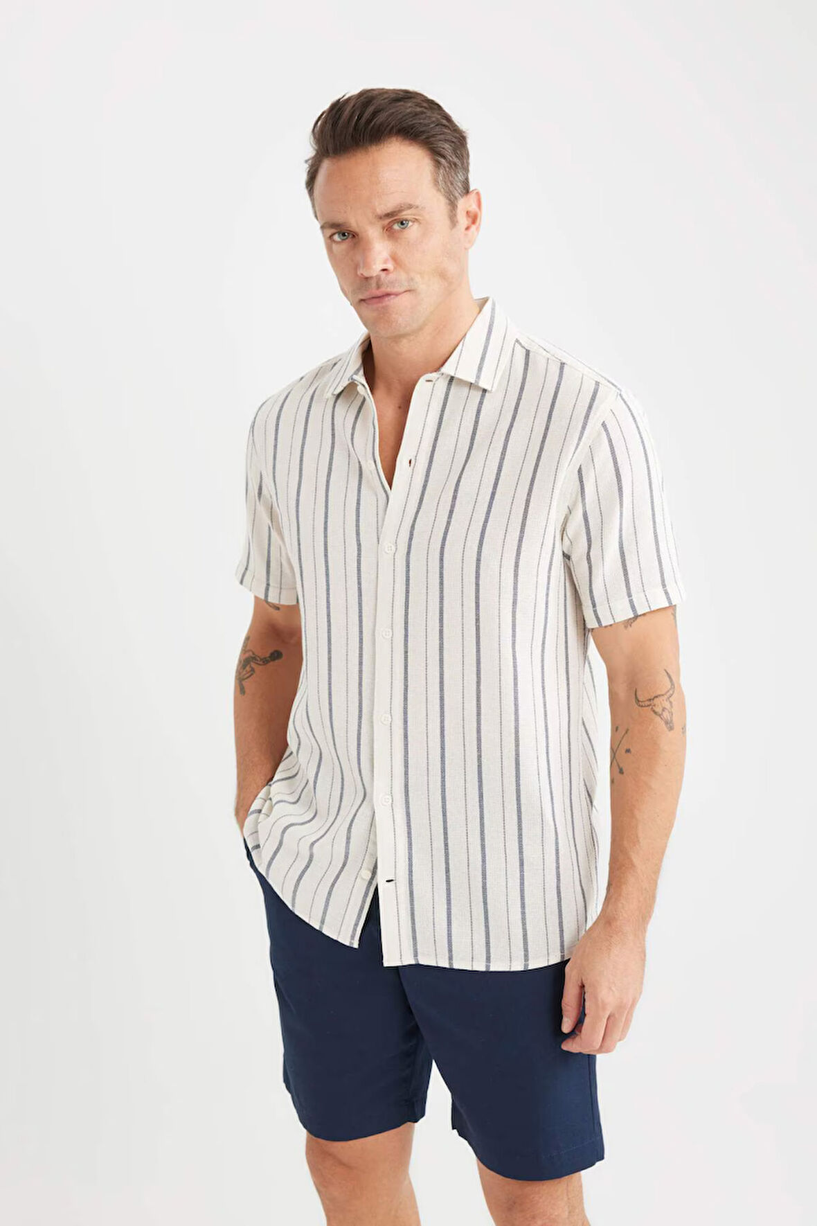 DeFacto Regular Fit Yazlık Polo Yaka Çizgili Pamuklu Kısa Kollu Gömlek C8315AX25SPER42