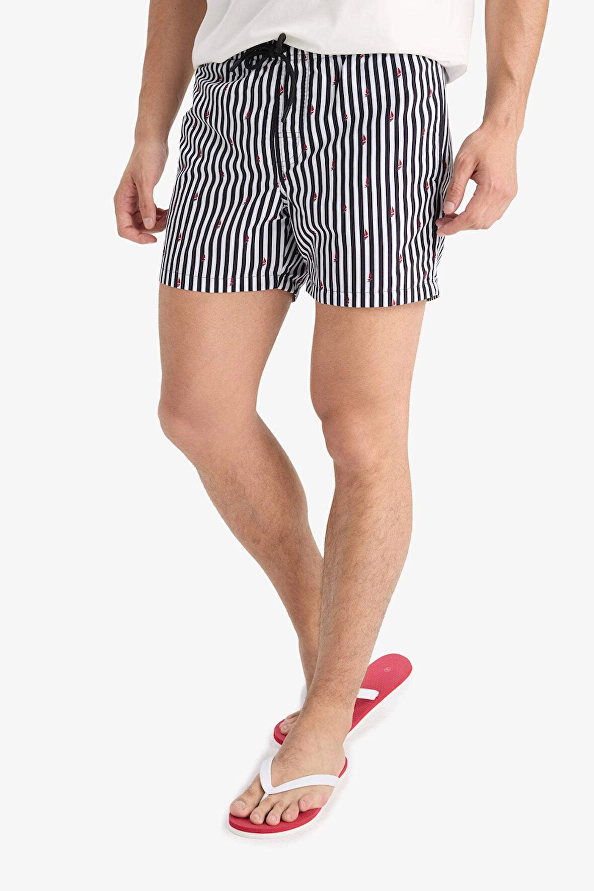 Defacto E0950 Siyah Çizgili File Astarlı Kısa Boy Deniz Şortu