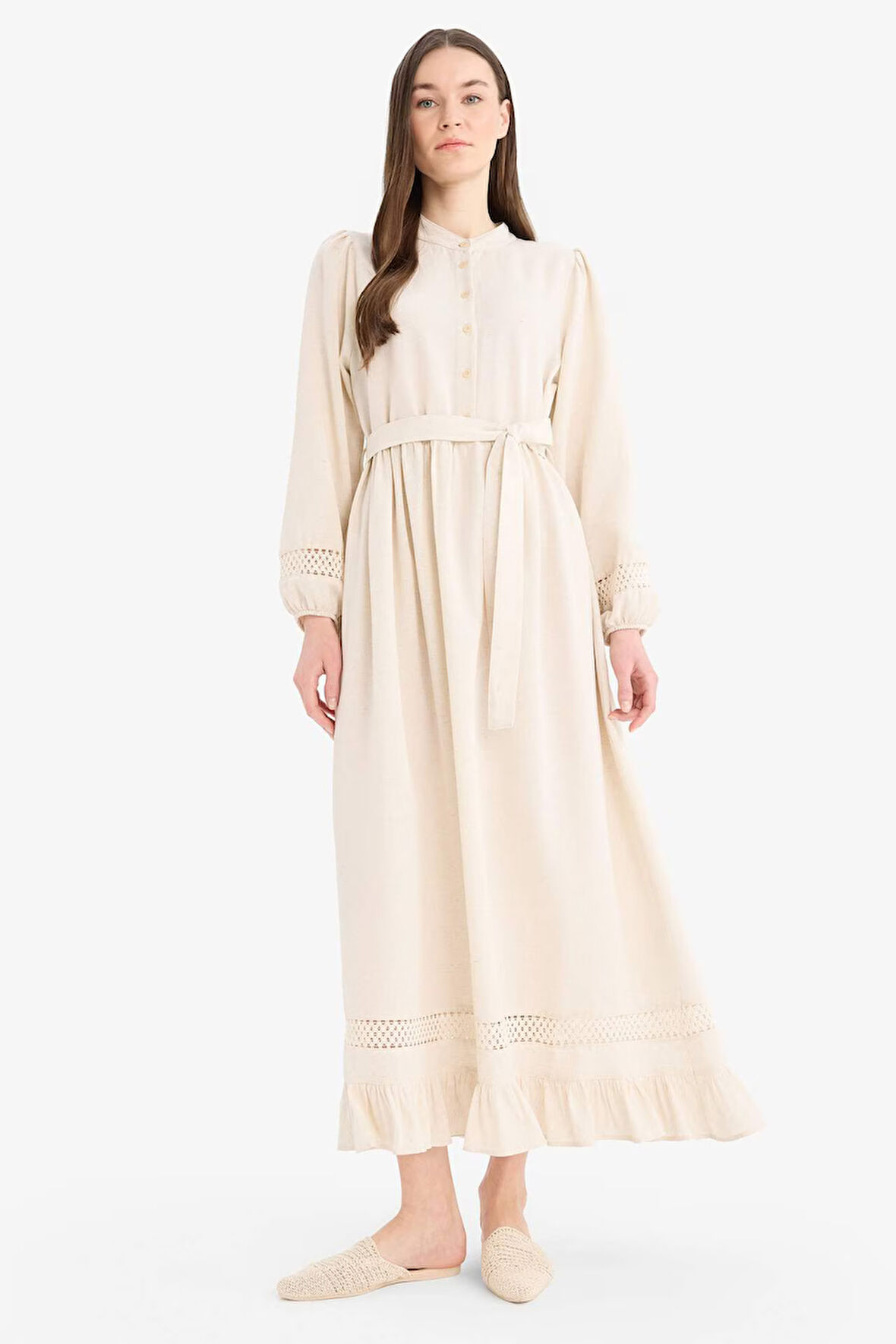 DeFacto Regular Fit Hakim Yaka Kuşaklı Keten Karışımlı Uzun Kollu Tesettür Elbise A6647AX25SMER233