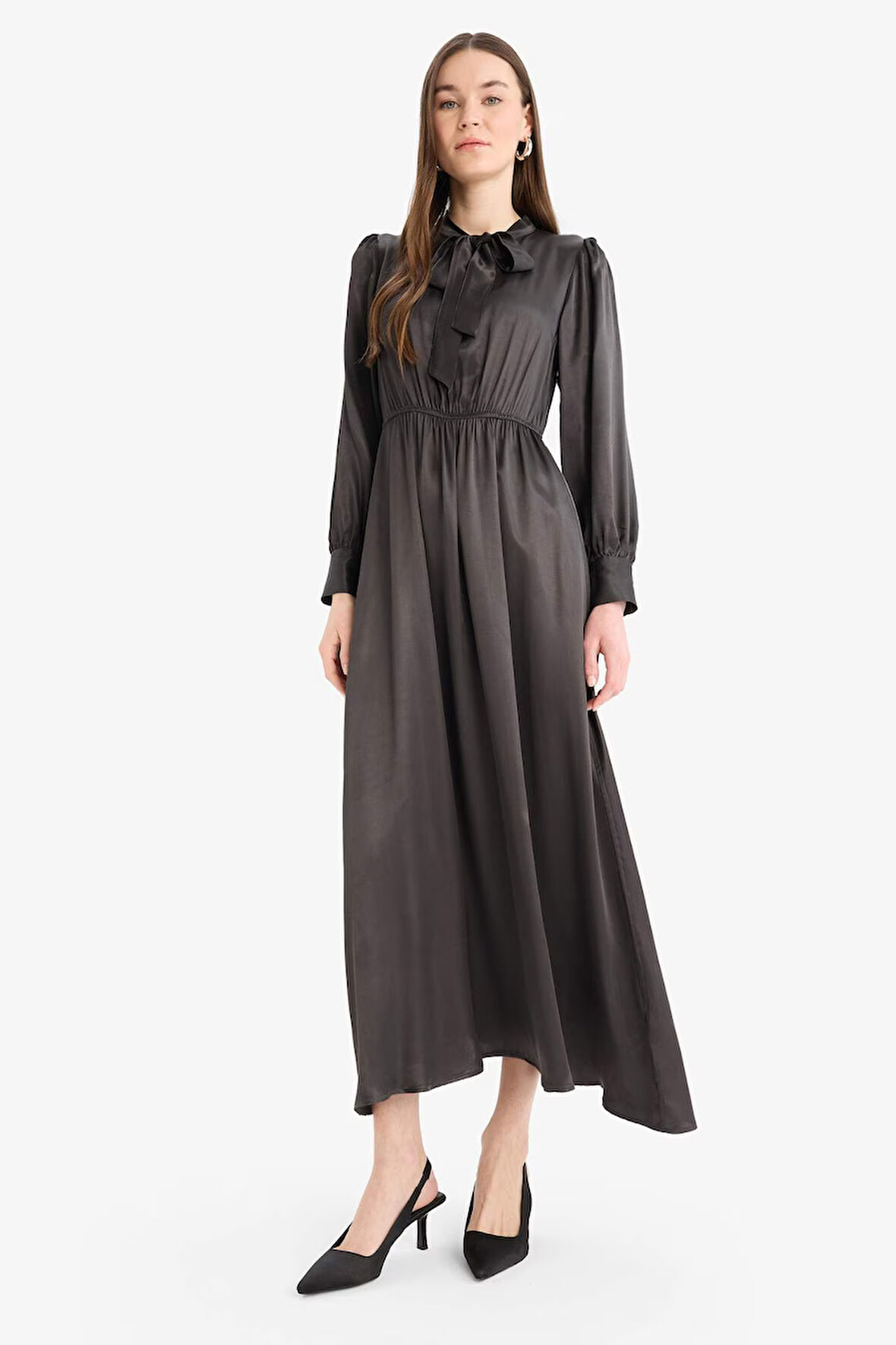 DeFacto Regular Fit Fiyonk Yaka Saten Uzun Kollu Midi Elbise F0819AX25SPBN339