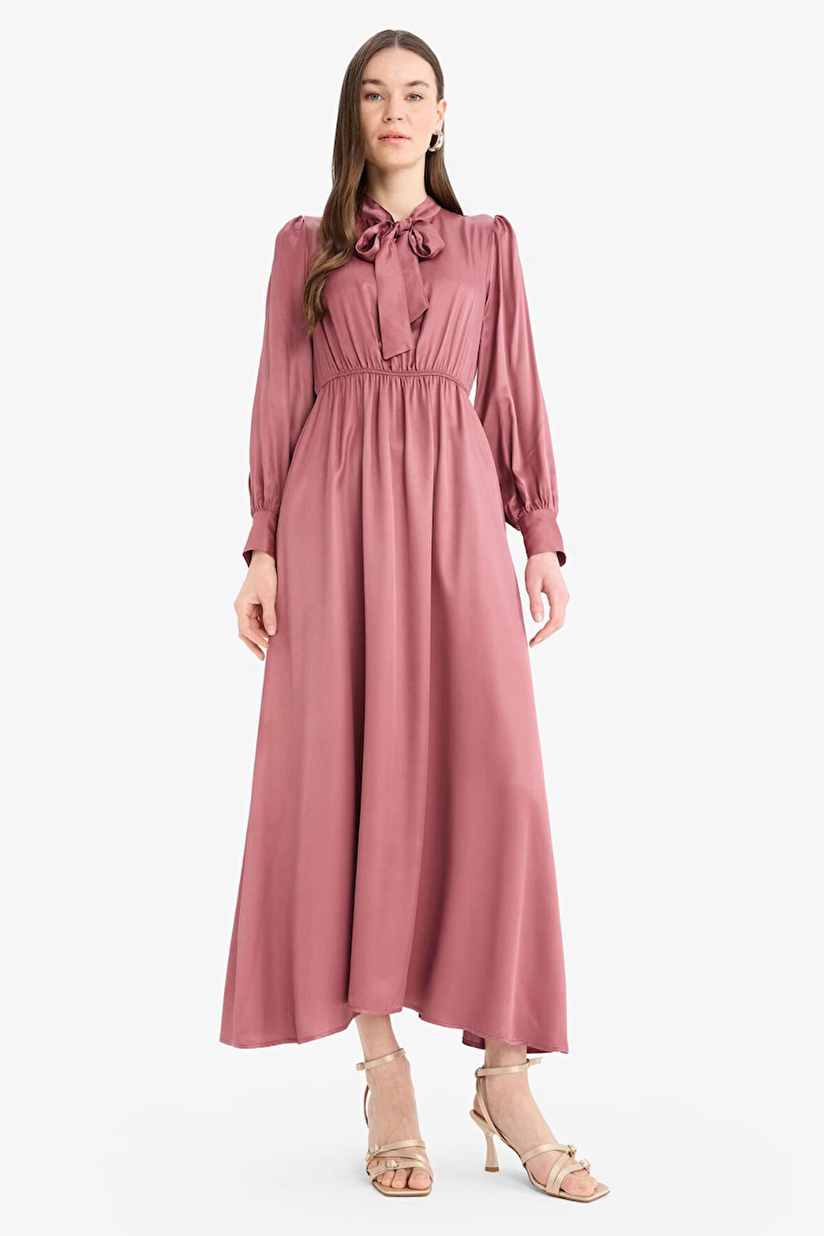 DeFacto 	Regular Fit Fiyonk Yaka Saten Uzun Kollu Midi Elbise F0819AX25SPBR343